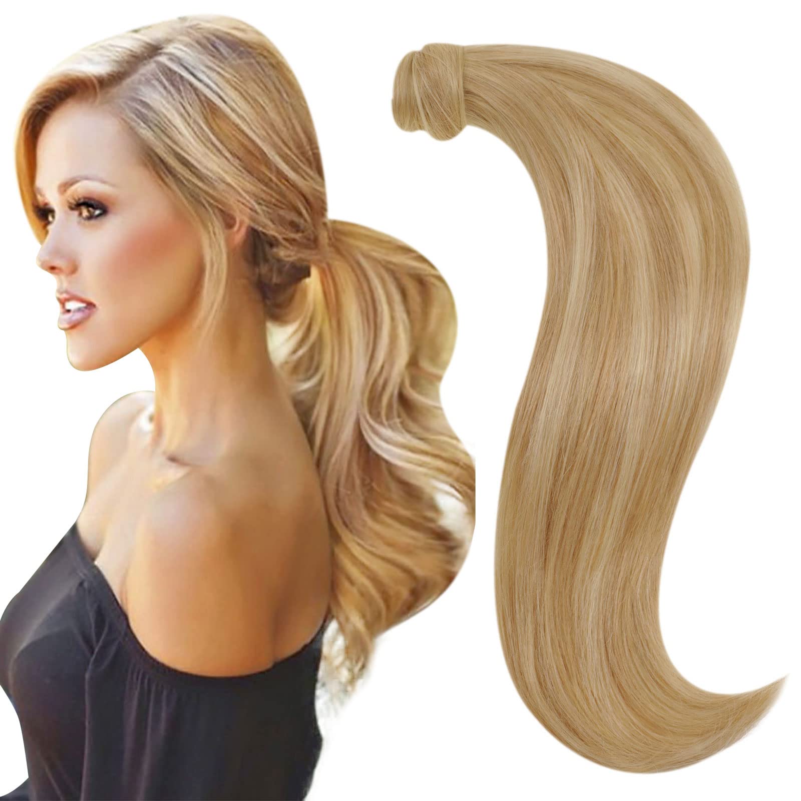 RUNATURE 20 Inch Ponytail Hair Extension Human Hair Light Blonde Highlight Golden Blonde Real Hair Ponytail Extension Human Hair