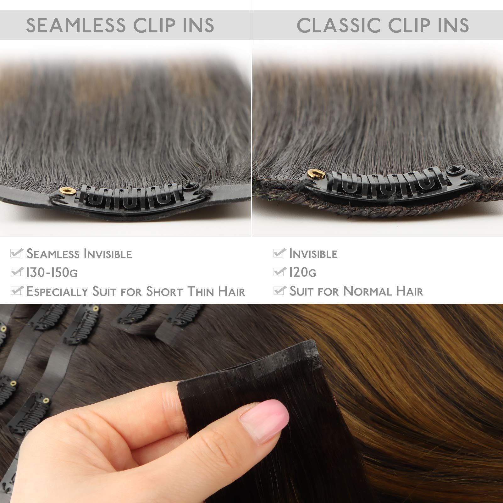 Wennalife Seamless Clip In Hair Extensions, 18 Inch 130G 7Pcs Balayage Dark Brown To Chestnut Brown Hair Extensions Clip In Huma