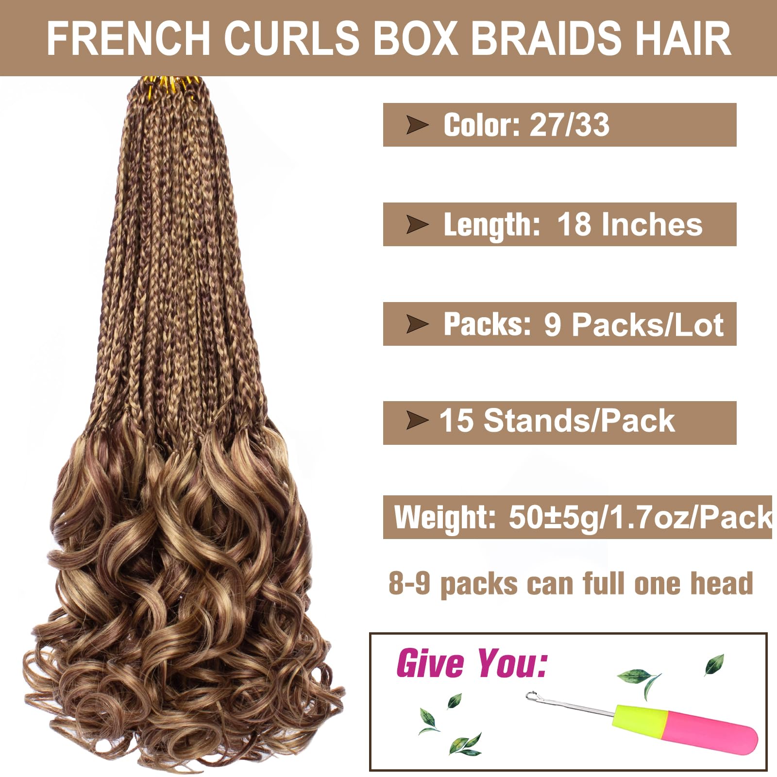 COOKOO 18 Inch 9 Packs Pre Looped French Curly Crochet Hair Mix Two Tone Natural French Curl Braids Bouncy Goddess Braids Hair C