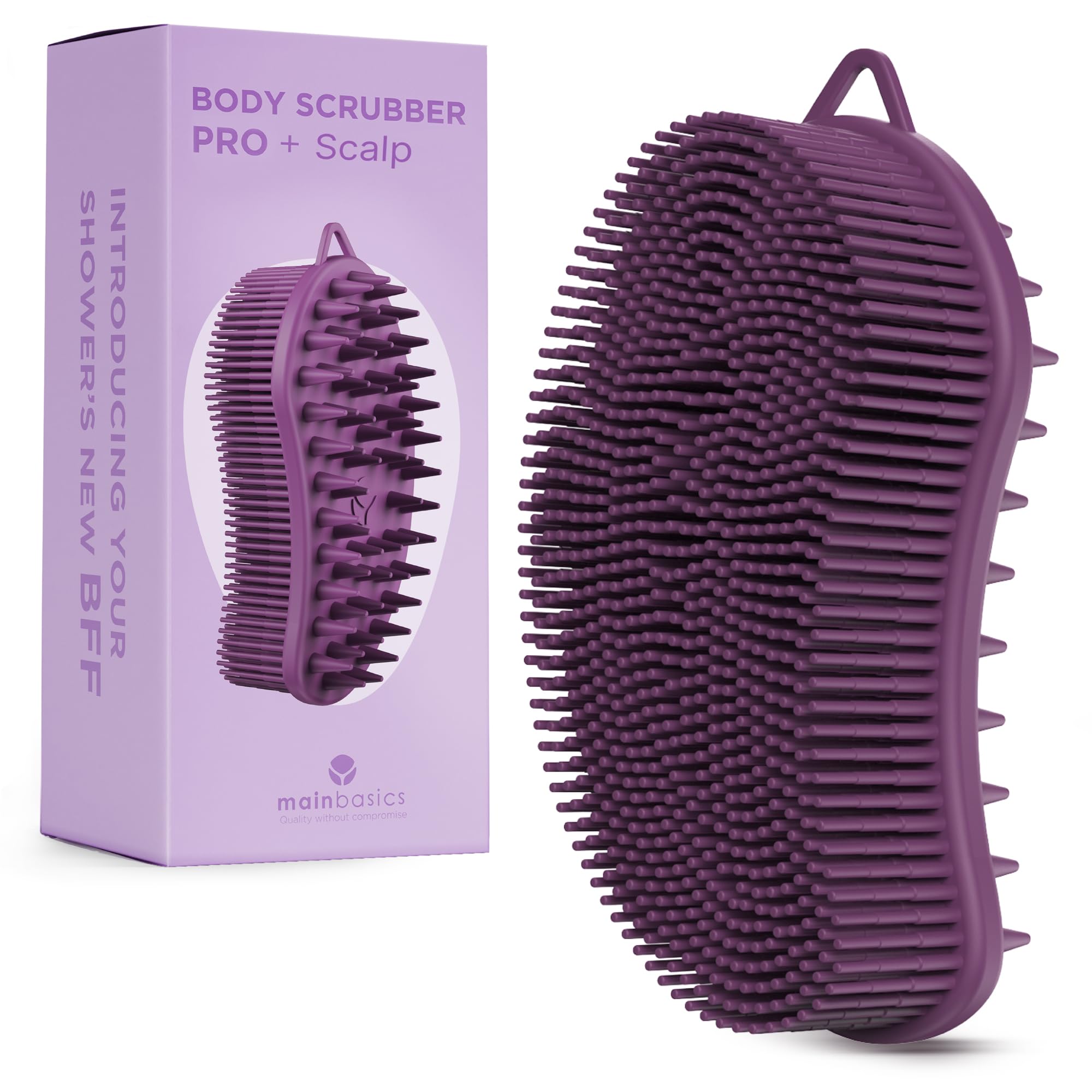 Mainbasics Exfoliating Silicone Body Scrubber Pro 2-In-1 Shower Scrubber For Body, Silicone Loofah And Scalp Massager (Purple, B