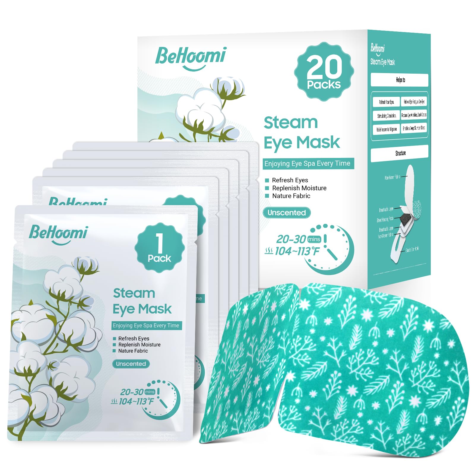 BeHoomi 20 Packs Steam Eye Mask, Heated Eye Mask Disposable Warm Compress for Eyes, Self Heating Moist Heated Eye Masks,Sleep Ma