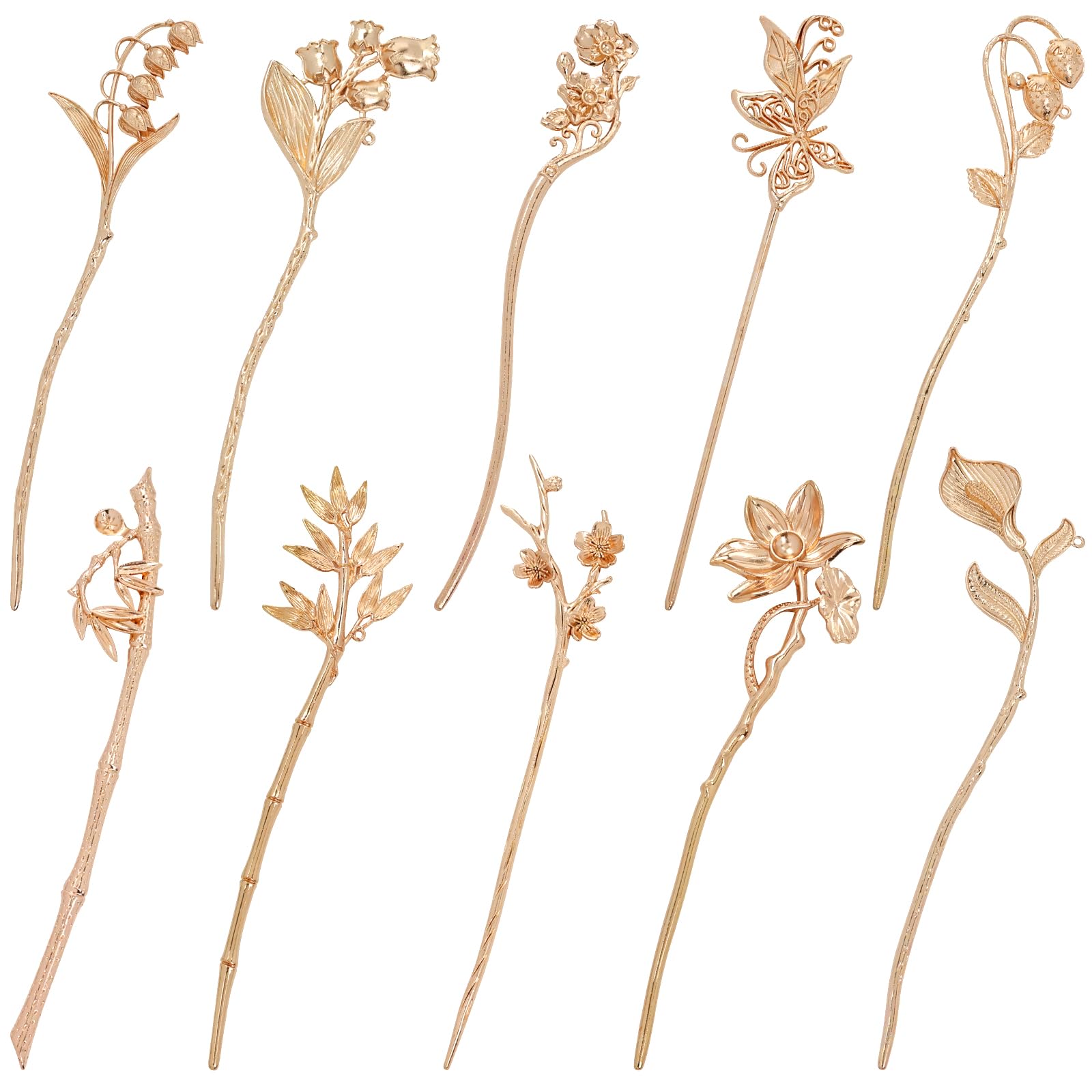 Lawie 10 Pack Gold Hair Sticks Flower Leaf Decorative Metal Long Hair Pins Bun Holders Chopsticks for Hair Chinese Hanfu Costume
