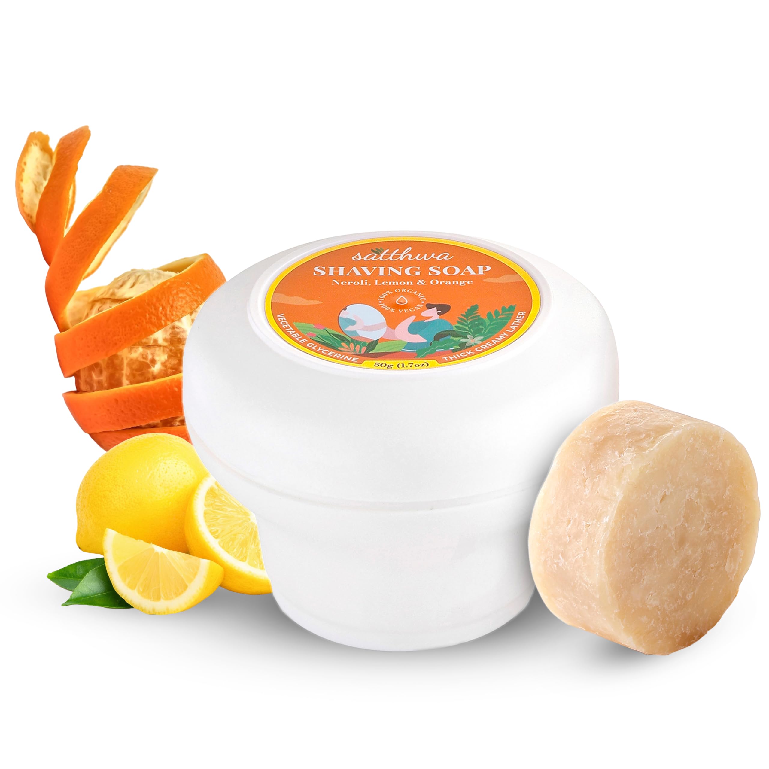 Satthwa Organic Shaving Soap Puck infused with Neroli, Lemon & Orange | Create the Perfect Lather | Excellent for Silky Smooth S