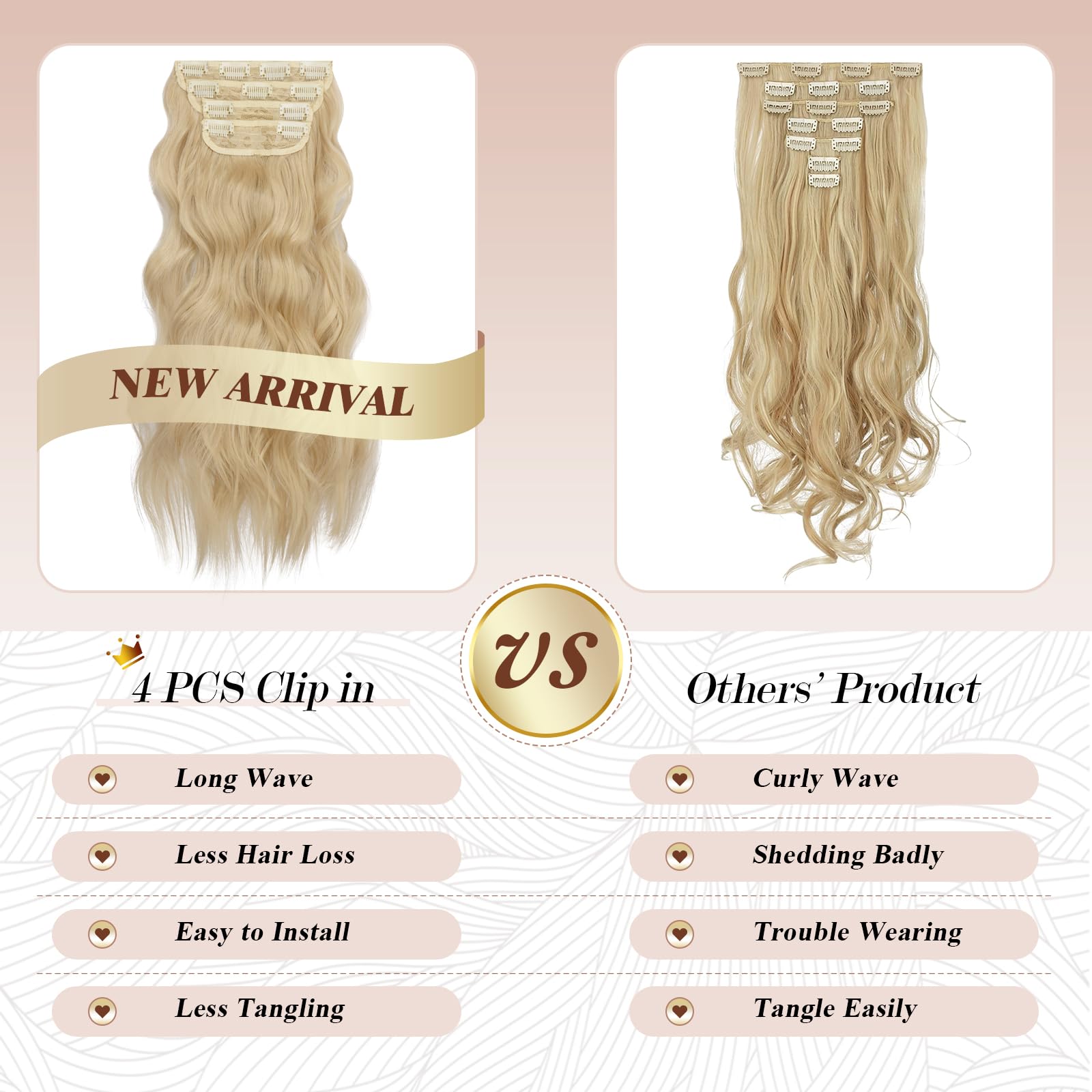 Feshfen Clip In Hair Extensions 4 Pcs Blonde Thick Highlighted Hairpieces Long Wavy Clip In Hair Piece Full Head Synthetic Hair