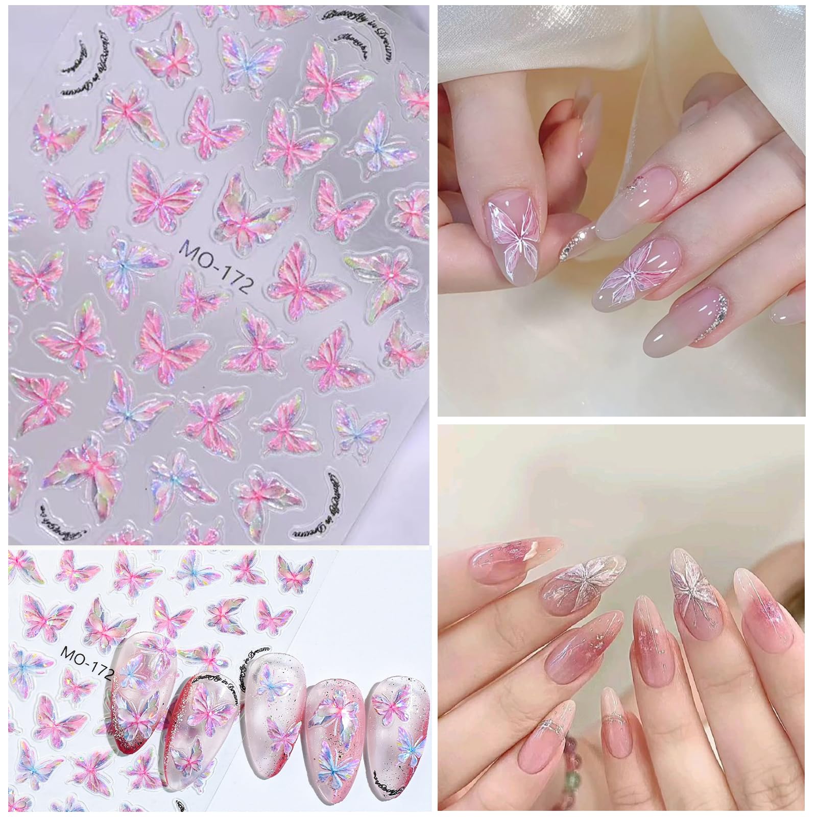 3 Sheets Butterfly Nail Stickers For Nail Art 5D Embossed Aurora Nail Decals Spring Pink Shell Butterfly Nail Supplies Accessori