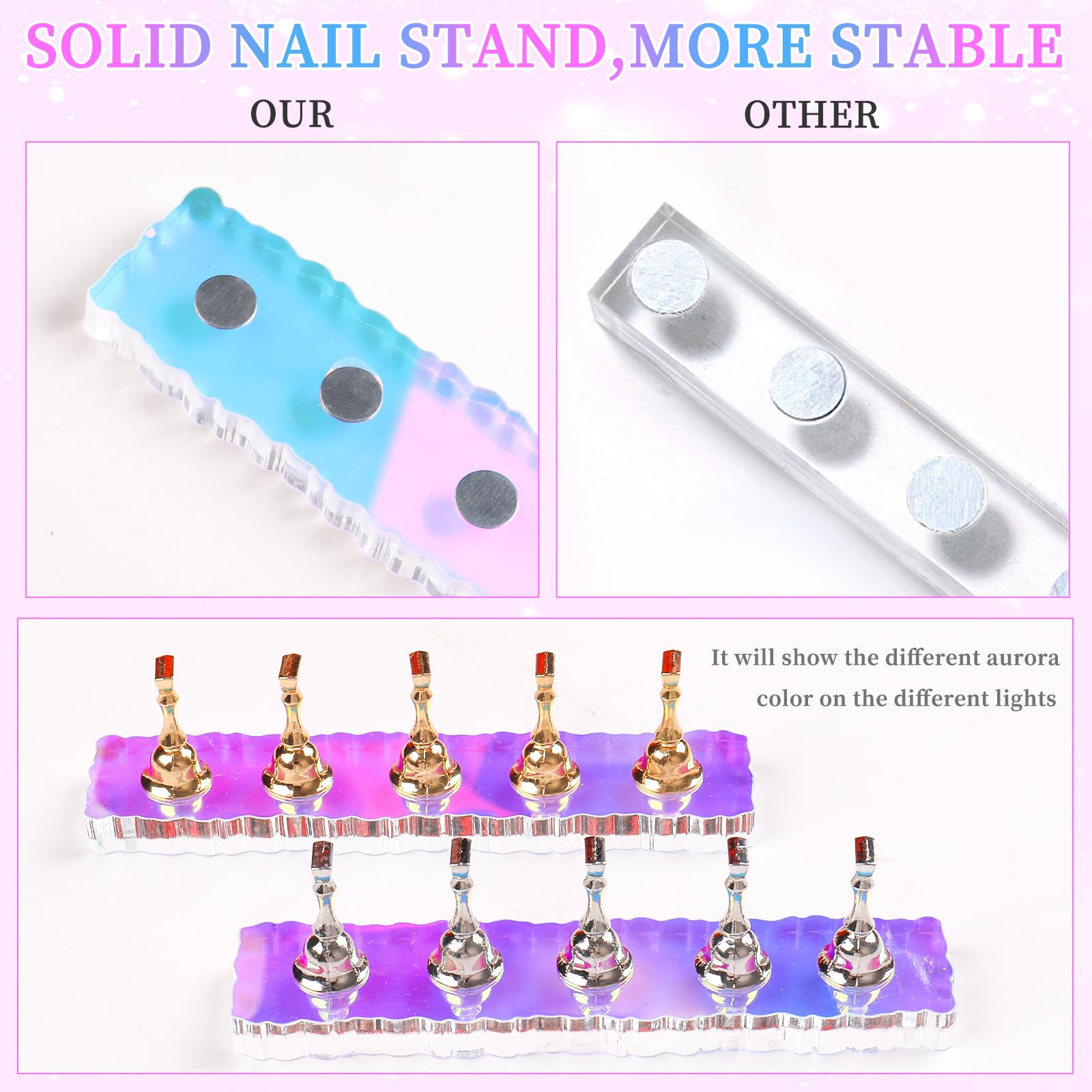 Angnya 2 Set Nail Stand, Aurora Nail Holder For Painting Nail Stand For Press On With 96 Pcs Reusable Sticky Putty Nail Display