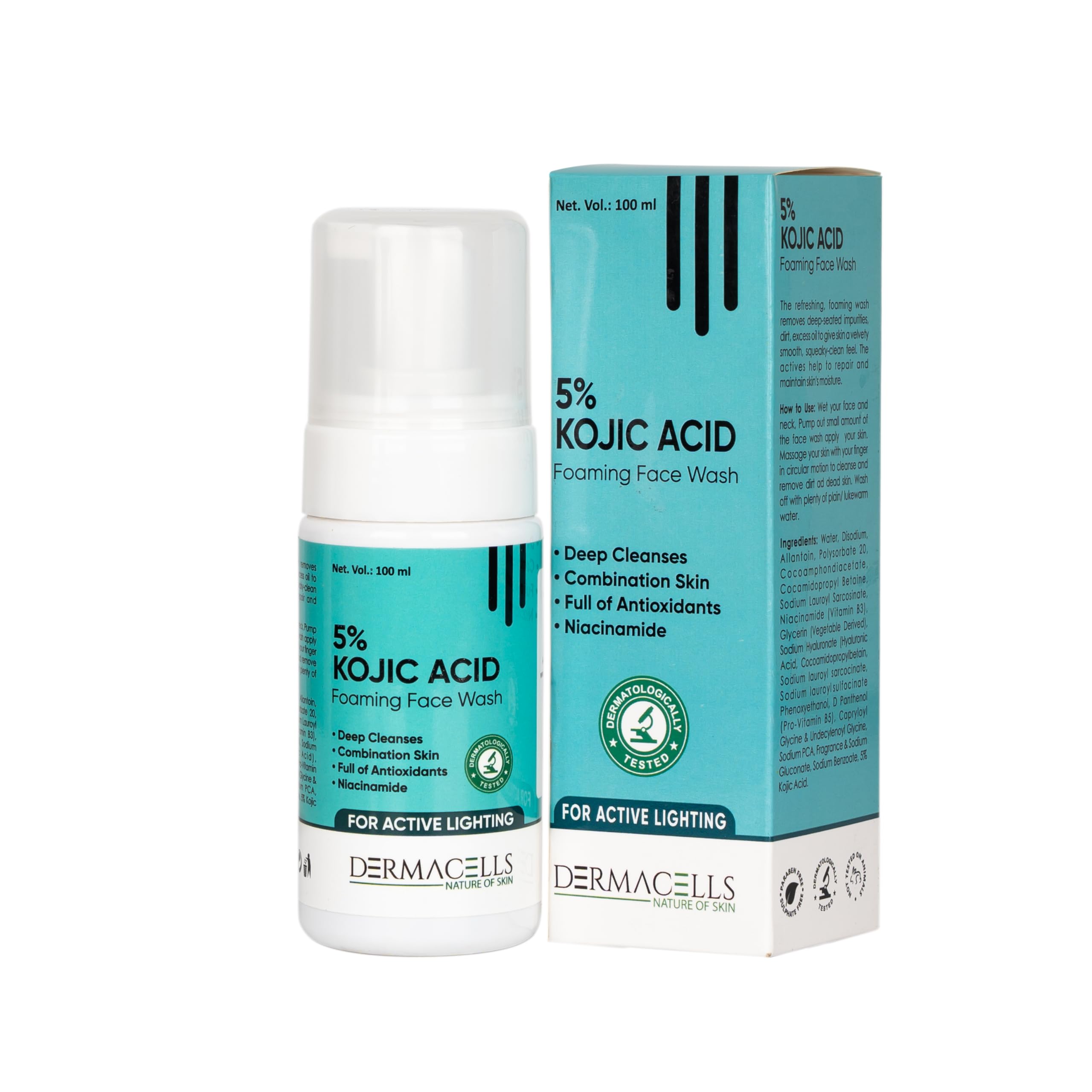 Dermacells 5% Kojic Acid Foaming Face Wash With Niacinamide & Alpha Arbution For Dark Spots & Pigmentation 100Ml