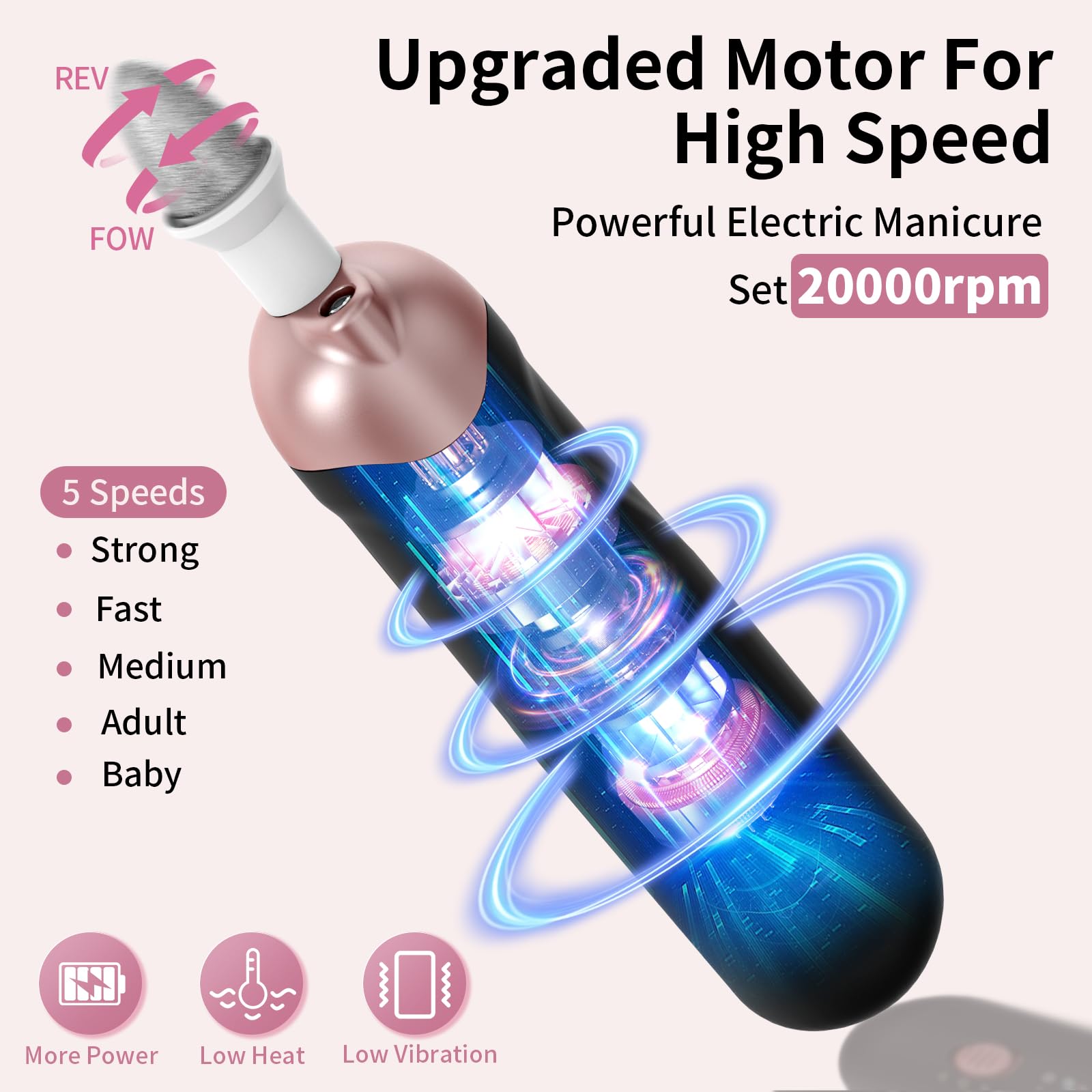 Professional Manicure Pedicure Kit, Cordless Electric Nail File Set, Rechargeable Pedicure Tools For Feet, 5 Speeds Hand Foot Ca