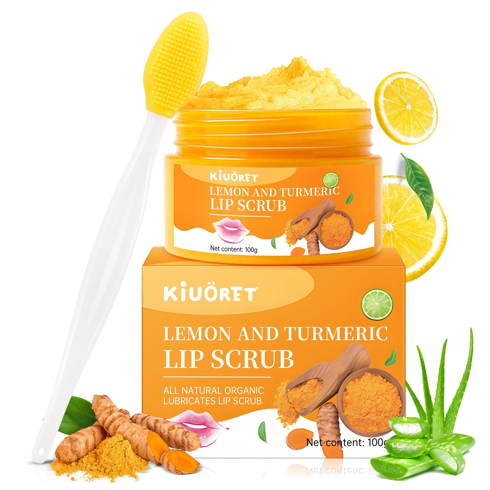 Lemon Turmeric Lip Scrub with Brush Set  lip Scrubber Exfoliator for Dark, Dry, Chapped LiPs, Reduce Fine Lines  Hydrating Moi