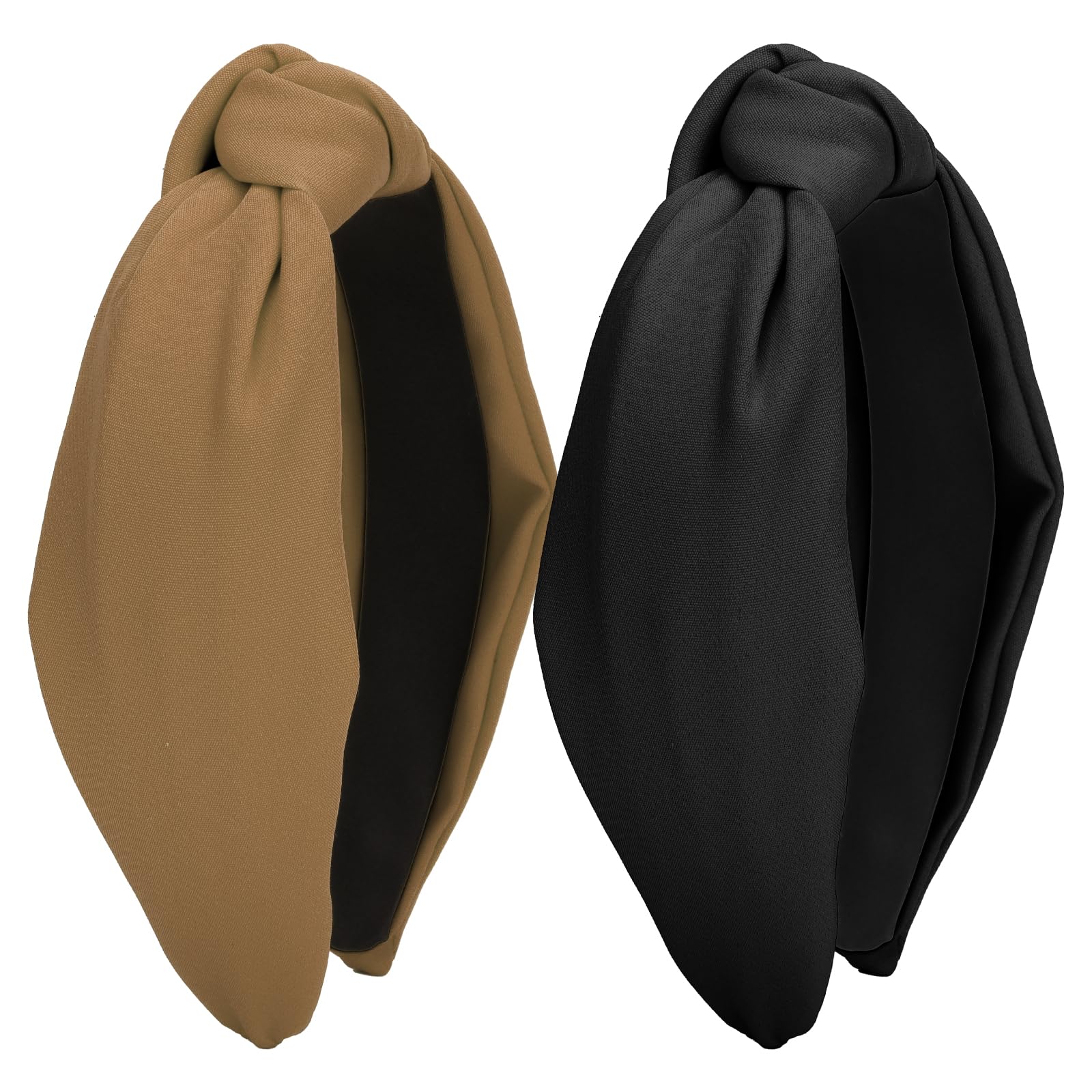 Wecoe 2 Pack Knotted Headbands For Women Black Coffee Wide Headbands Hair Bands for Women's Hair Non Slip Fashion Cloth Headband