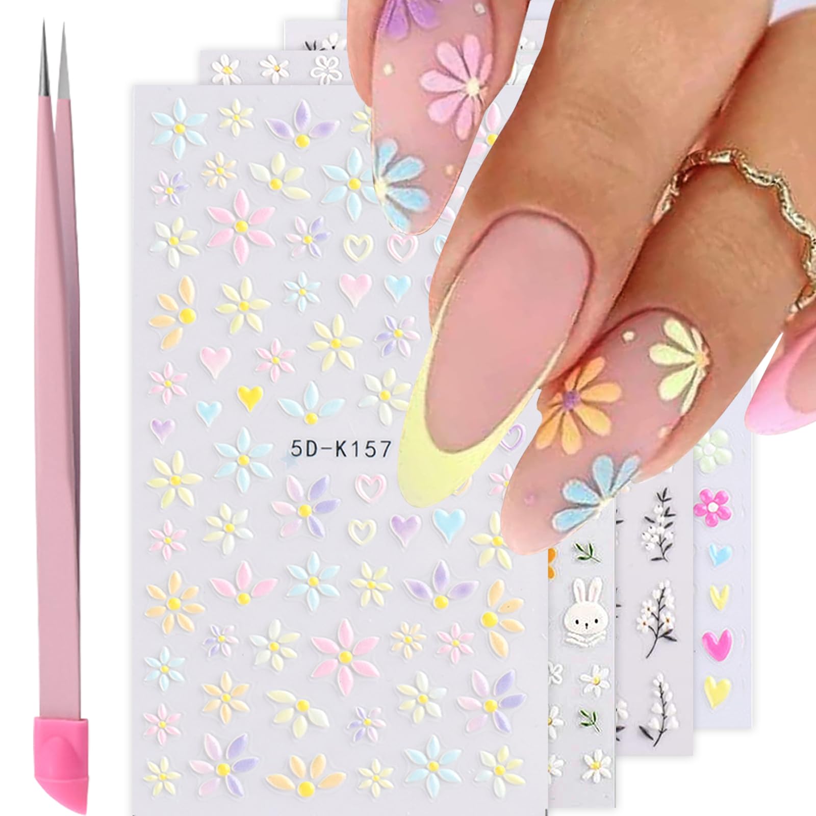 VOTACOS Flower Nail Art Stickers Decals 5D Embossed Nail Decals Spring Summer Daisy Nail Art Design Self-Adhesive Nail Supplies 