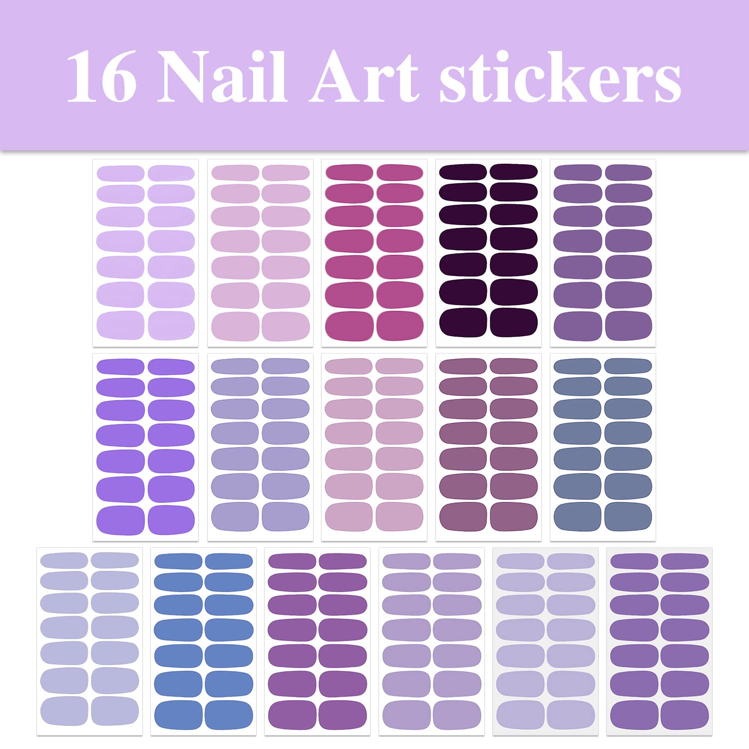 WOKOTO 16 Sheets Solid Nail Polish Strips Full Nail Wraps for Women Nail Art Stickers Purple Gel Nail Strips 224 Tips Gel Nail W