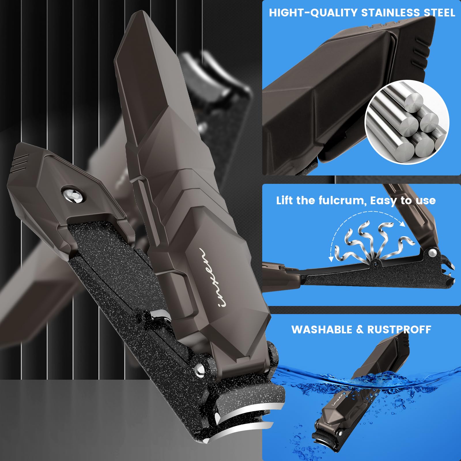 INXEN Heavy Duty Nail Clippers for Men, Stainless Steel, Self-Collecting, Black, Model BUT02NAL34