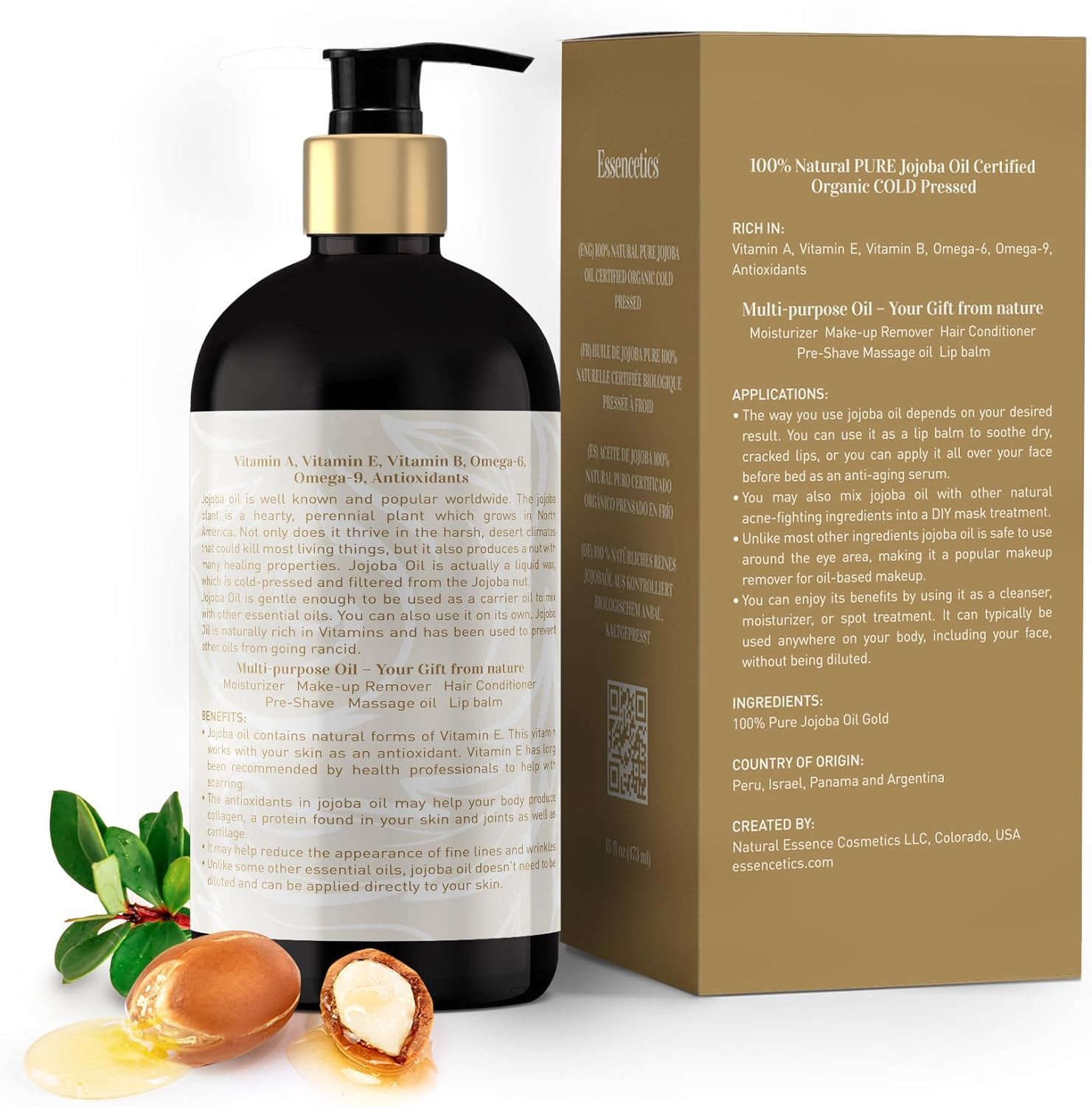 Essencetics Organic Jojoba Oil 16 oz - 100% Pure & Natural Jojoba Massage Oil for Hair, Skin, Body, & Face - Natural Cold Presse