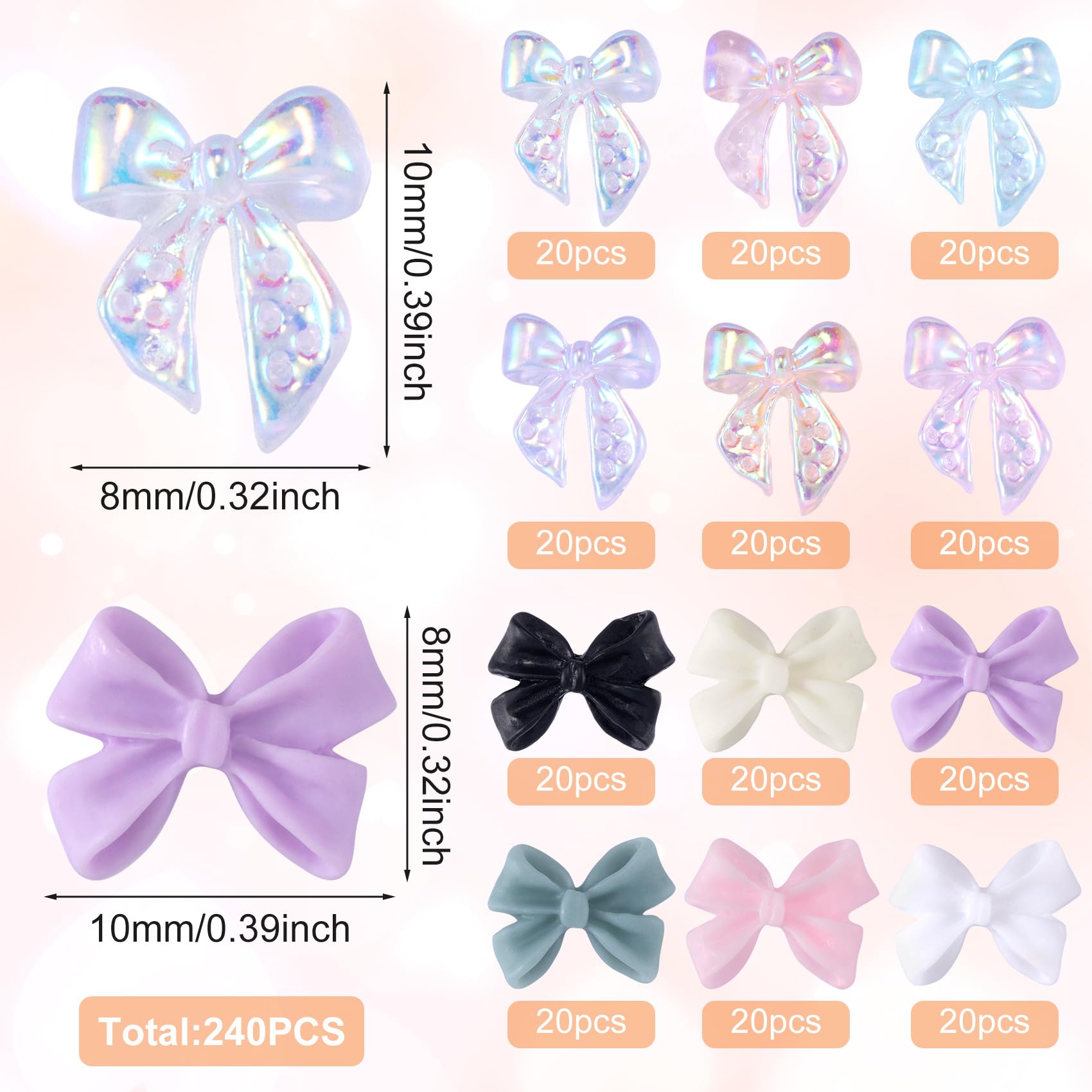 Hinzic 240 Pcs Aurora Bow Nail Charm Iridescent Ribbon Nail Bow Glitter Resin 3D Nail Pearl Rhinestone Valentines Wedding Prom B