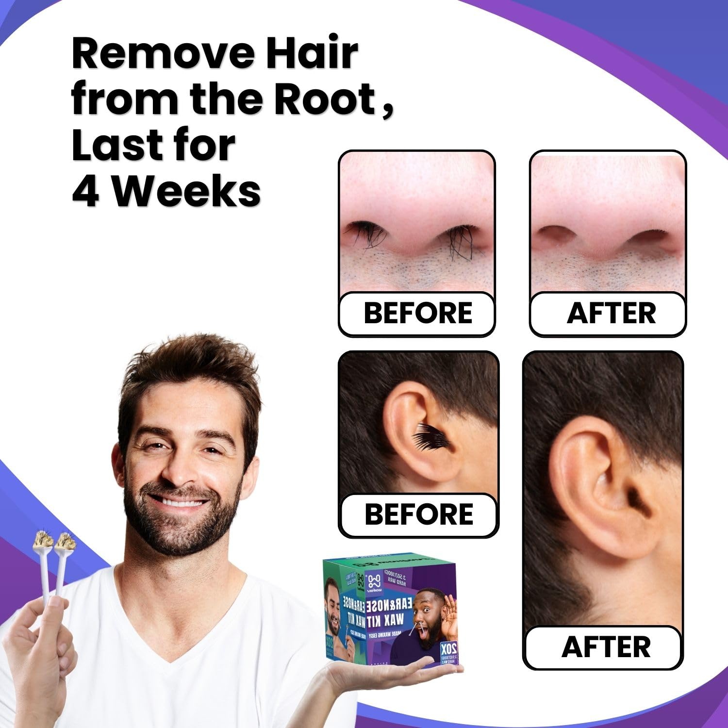 Waxfans Nose Wax Kit Men,Ear Hair Wax Kit,100G Wax,For 20 Uses,Nose & Ear Hair Removal For Men And Women,Long-Lasting For 4 Week