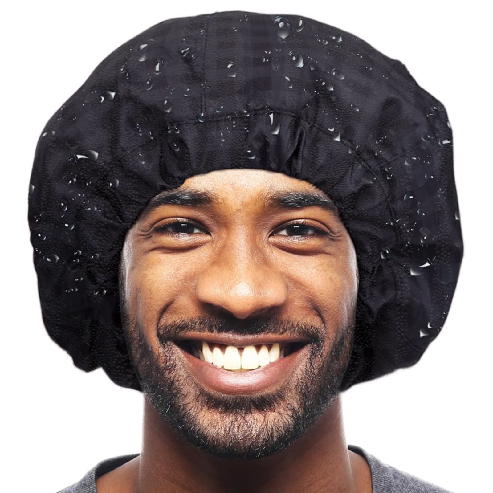 Shower Cap For Men Black Bath Cap, Reversible Large Waterproof Adjustable Shower Caps Terry Lining & Elastic Band Stretch Hem Ha