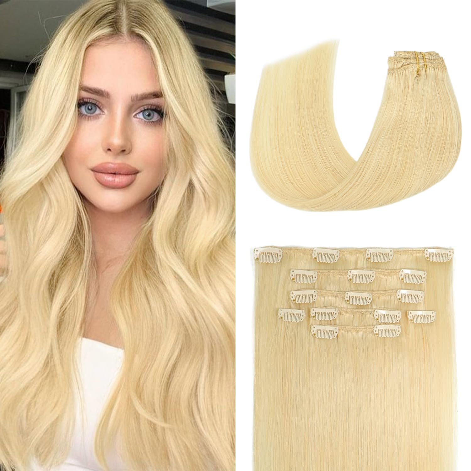 Aison Bleach Blonde Clip in Hair Extensions 70G 100% Remy Human Hair Clip ins Hair Extensions Real Human Hair 7pcs 16clips One P