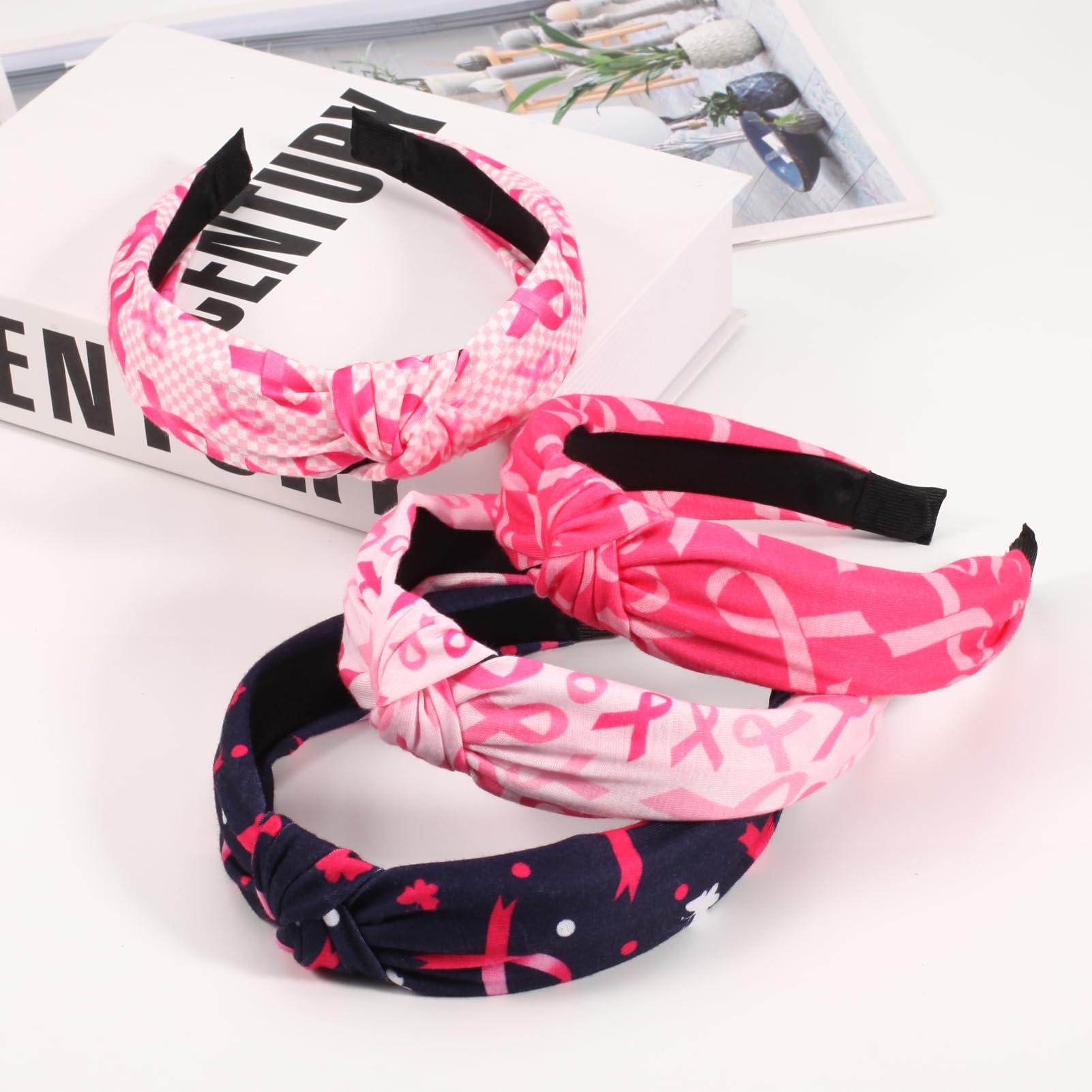 Ardorchid 4 PCS Breast Cancer Headbands Pink Ribbon Wide Knotted Hair Hoop for Women Workout Sports Yoga Running Tennis Breast C