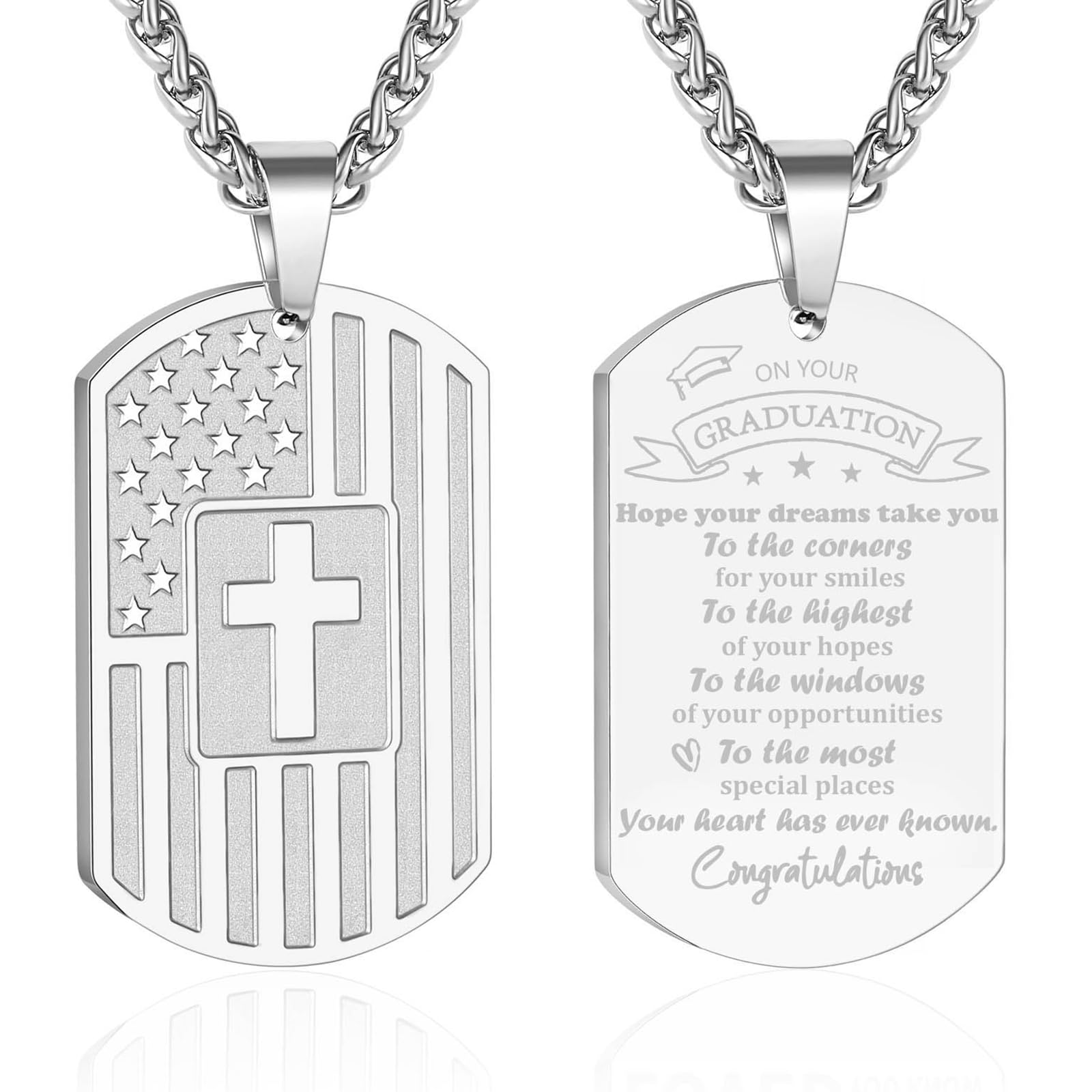 Zocomi Graduation Gifts for Teen Boys Men Middle High School Graduate Grad Dog Tag Cross Necklace America Flag Pendant Chain Rel