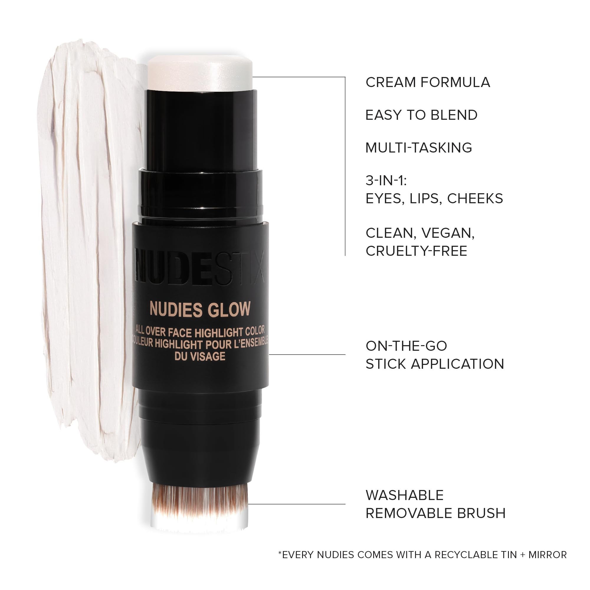 Nudestix Nudies Glow Cream Highlighter Bronze + Glow 3-In-1 All Over Face Colour For Eyes, Cheeks, Lips W/Blending Brush (Ice Ic