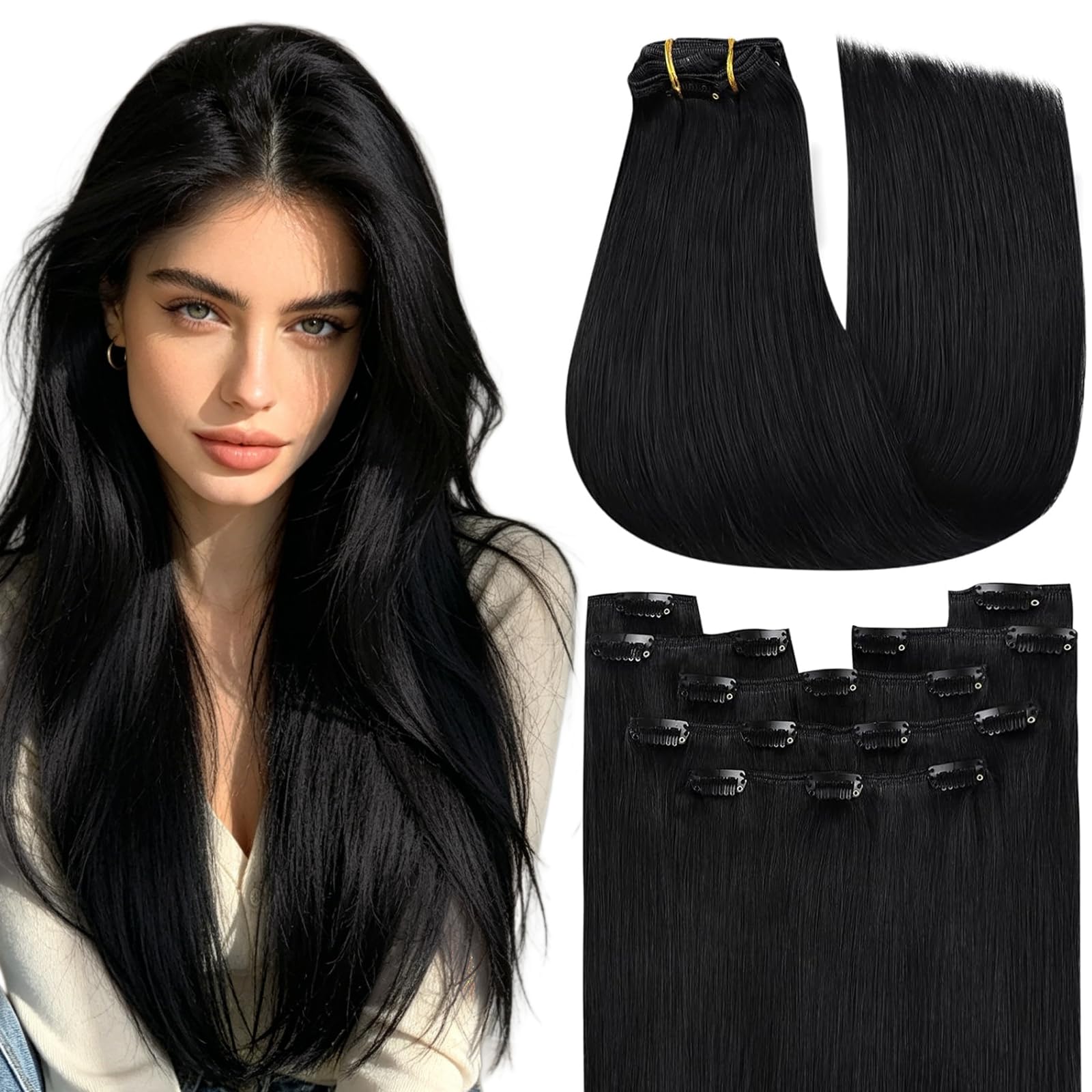 YoungSee 120G Black Hair Extensions Clip in Real Human Hair for Short Hair Length Jet Black Clip in Extensions Easy to Wear Clip