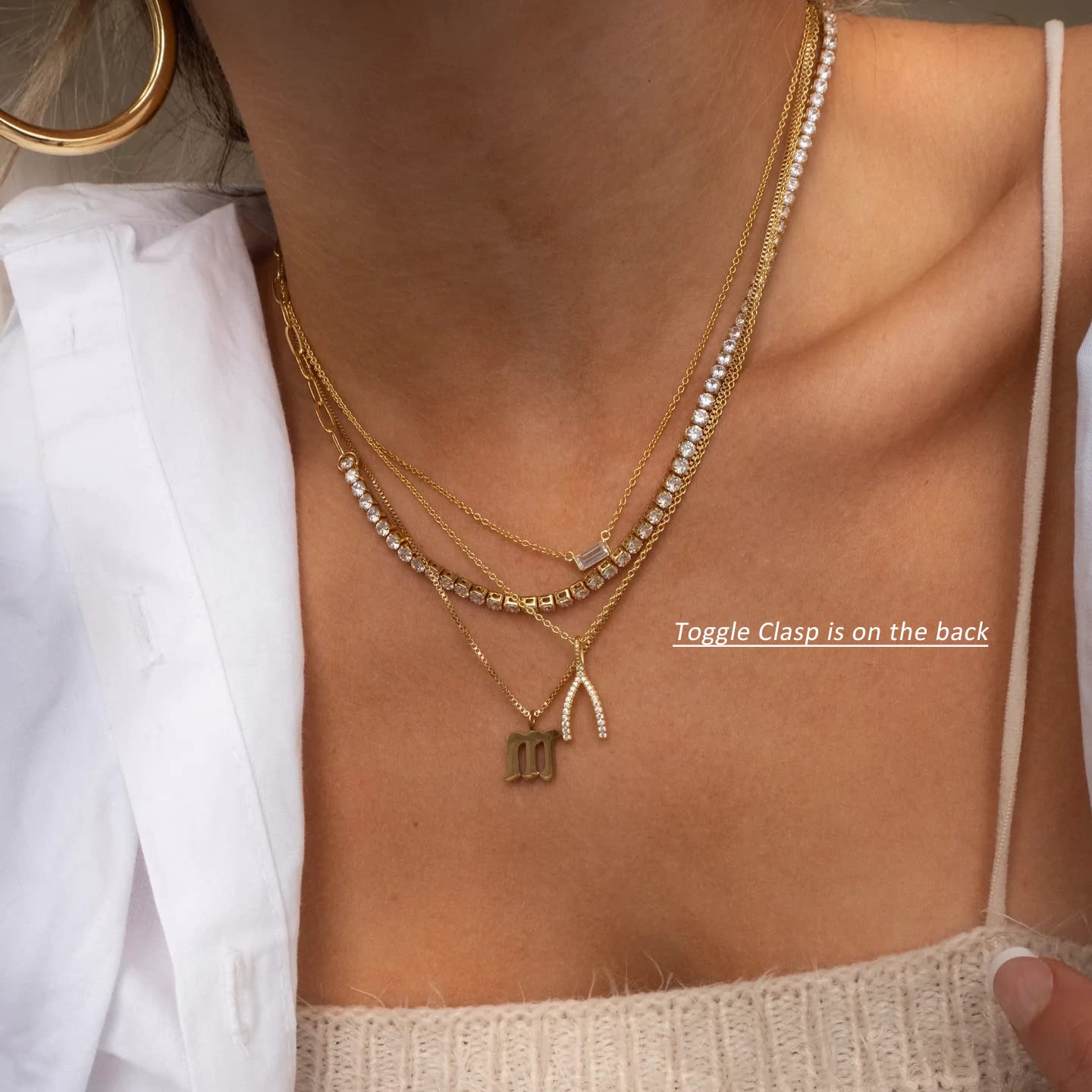 NUZON Gold CZ Tennis Necklace for Women 18K Gold Plated Paper Clip Link Chain Choker Sparkly Diamond Layering Jewelry Toggle Cla