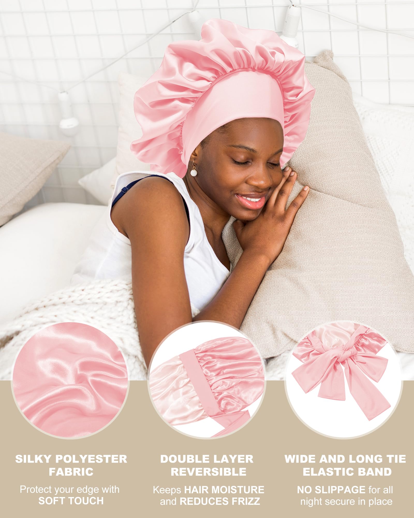 Satin Bonnet Silk Bonnet For Sleeping Women Hair Bonnet For Curly Hair Sleeping Cap Reversible Double Layer Sleep Bonnet With Ti
