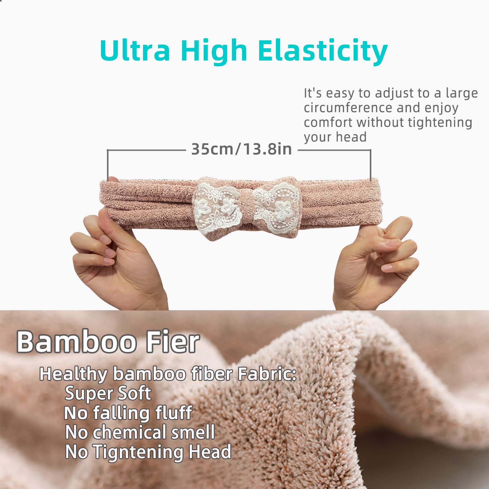 Udebe 2Pcs Towel Headbands For Women, Lace Bowtie Headband For Washing Face Makeup Spa Headband, Bamboo Fiber Shower Headband Fo
