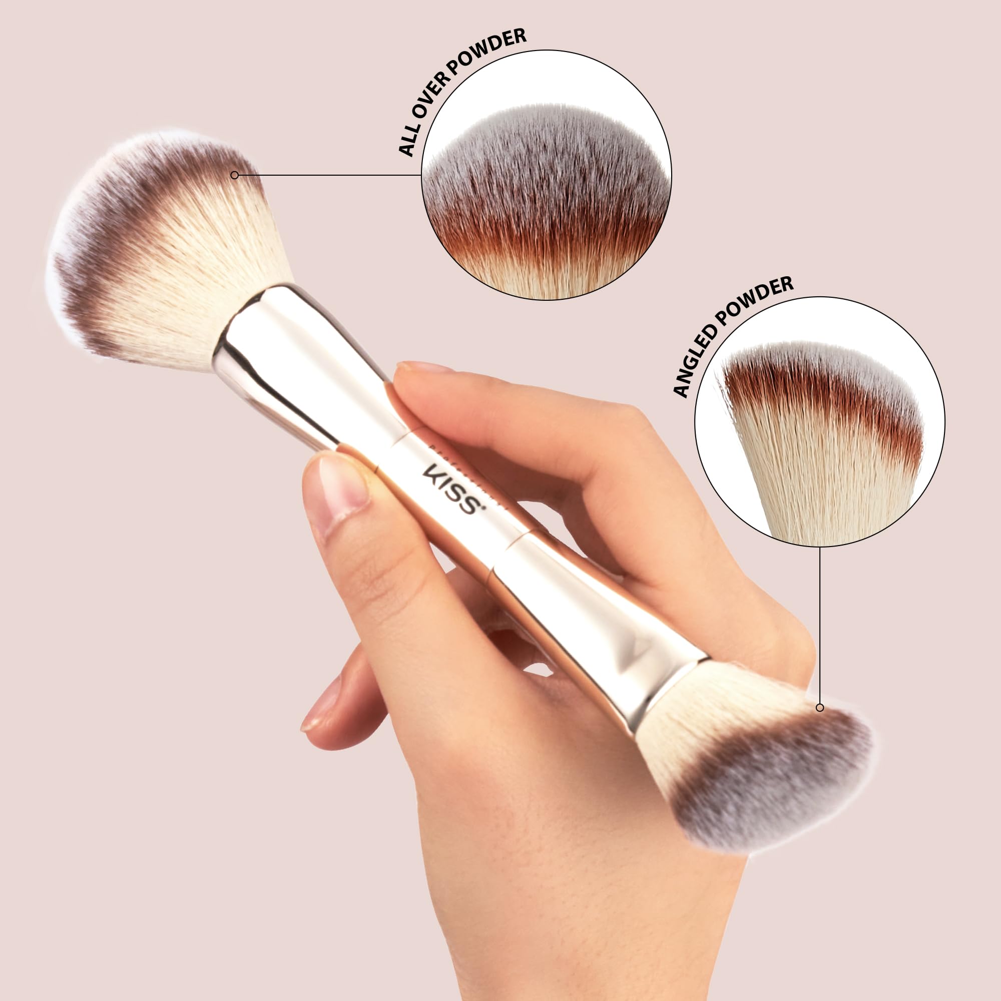 Kiss New York Professional Dual Ended Powder Brush, All Over Face Application, Easy Sculped Look With Angled Powder Brush For Bl