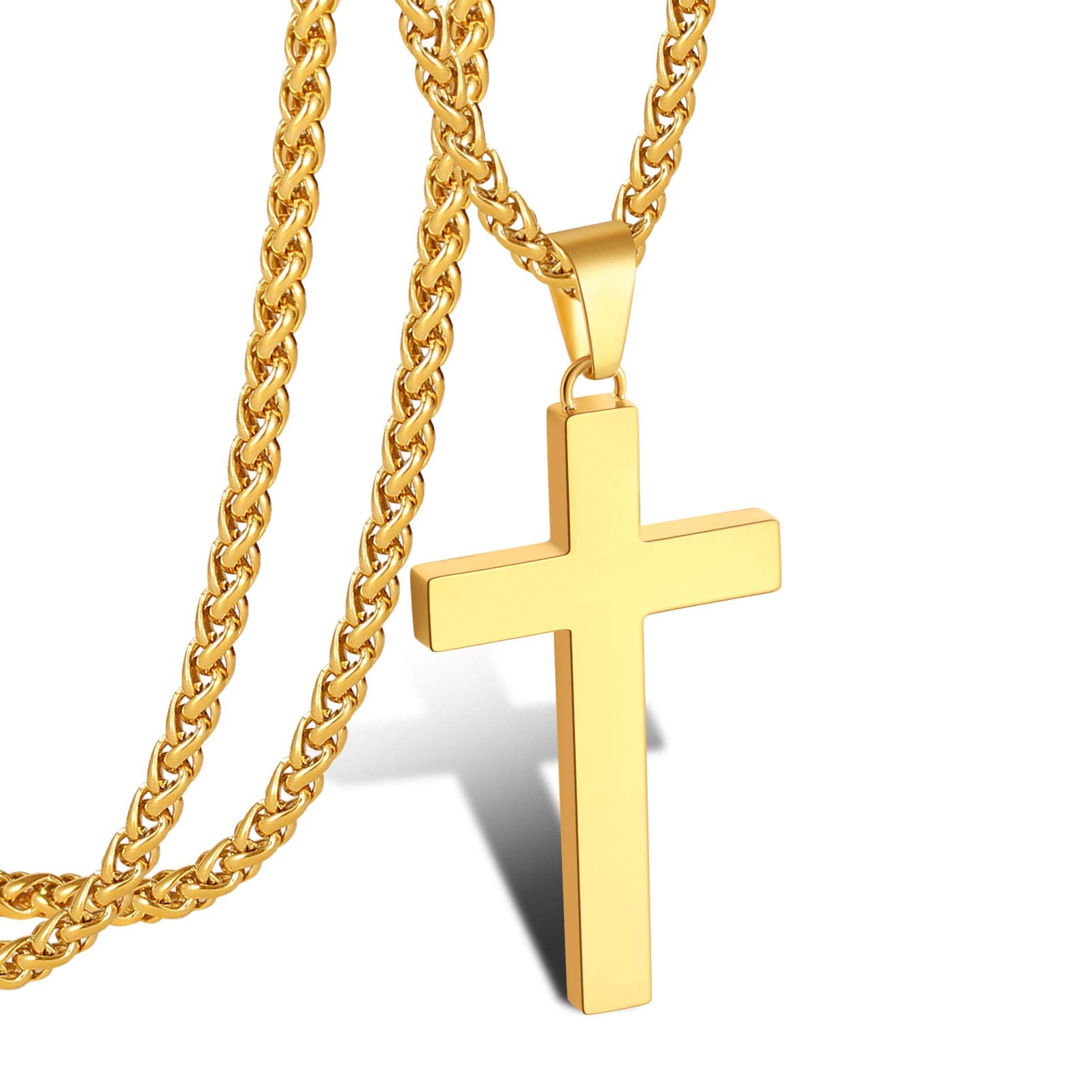 P. BLAKE Gold Cross Necklace for Men Boys, Stainless Steel Cross Pendant Chain Christian Religious Jewelry Valentine Christmas G
