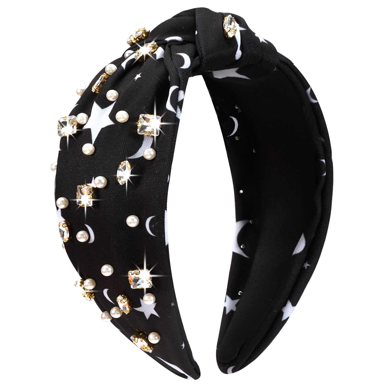 Moon Star Headbands for Women Girls Halloween Rhinestone Elastic Wide Headbands Black White Hair Accessories Embellished Jeweled