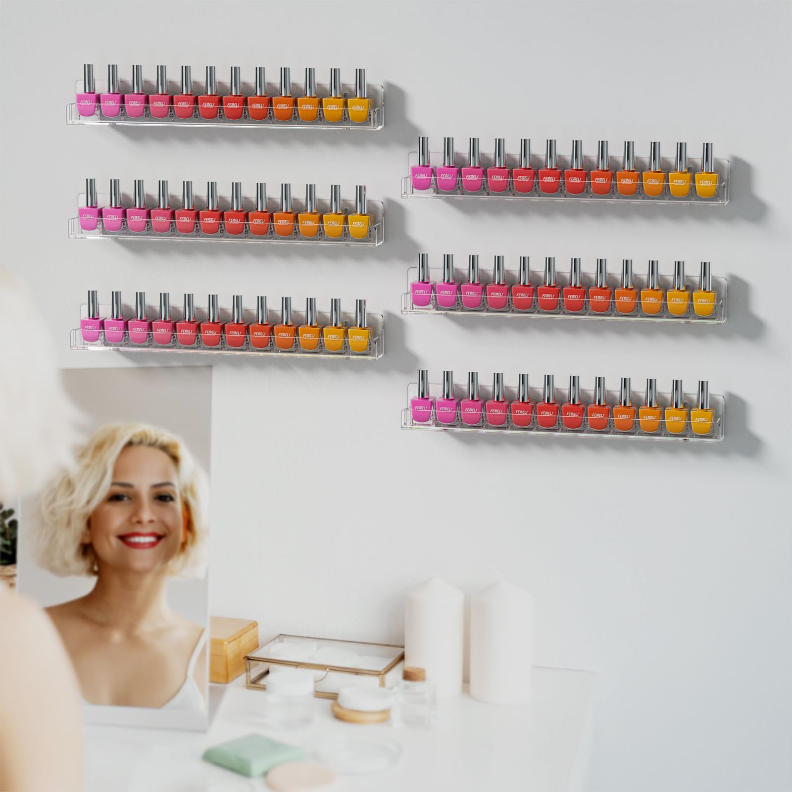 FEMELI Acrylic Clear Nail Polish Wall Rack: 12pcs Organizer Holder Display Shelves - 15 Inch