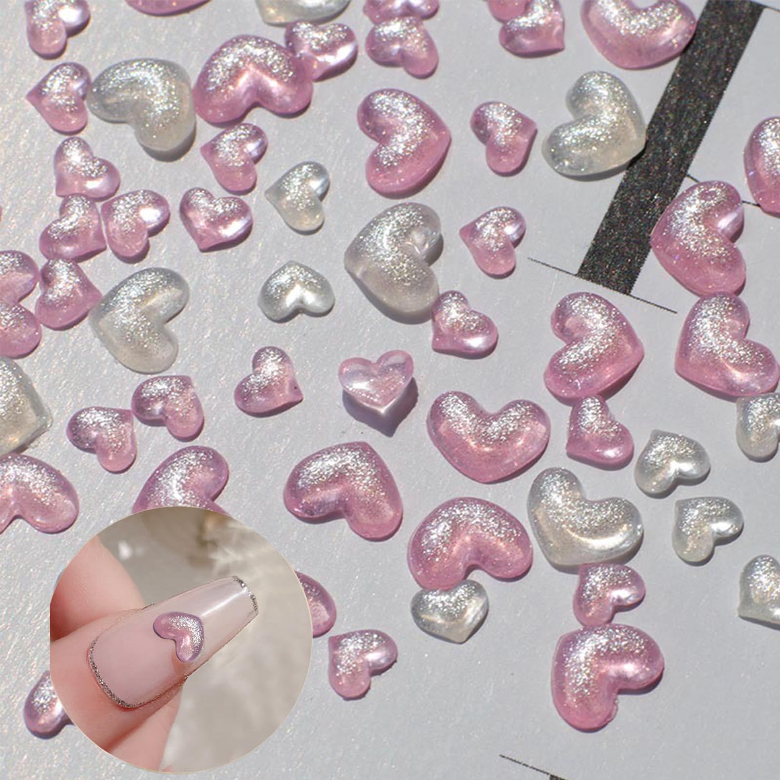 LBPEPAMZ 200Pcs Mixed Size Colorful Heart Nail Art Charms 3D Shining White Pink Flat Valentine's Day Nail Charms Love Heart Resi