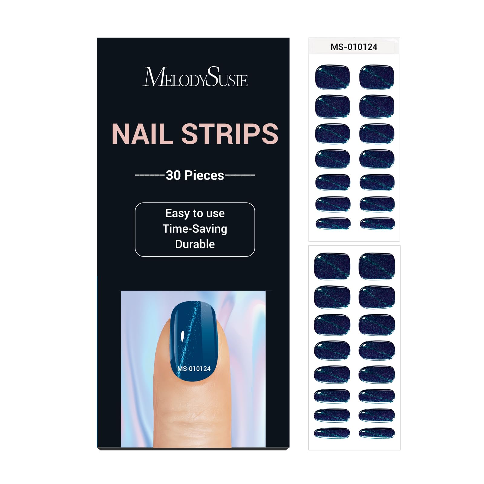 MelodySusie Semi Cured Gel Nail Strips (Deep Blue Cat Eye)- Works with Any Nail Lamps, Salon-Quality, Long Lasting, Easy to Appl