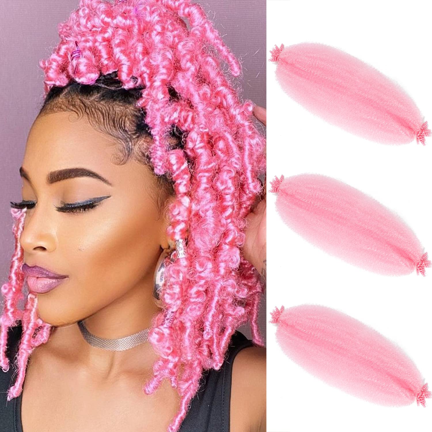 Springy Afro Twist Hair 16 Inch 3 Packs Pink Color Pre Fluffed Marley Twist Braiding Hair for Black Women (16 inch, Pink)