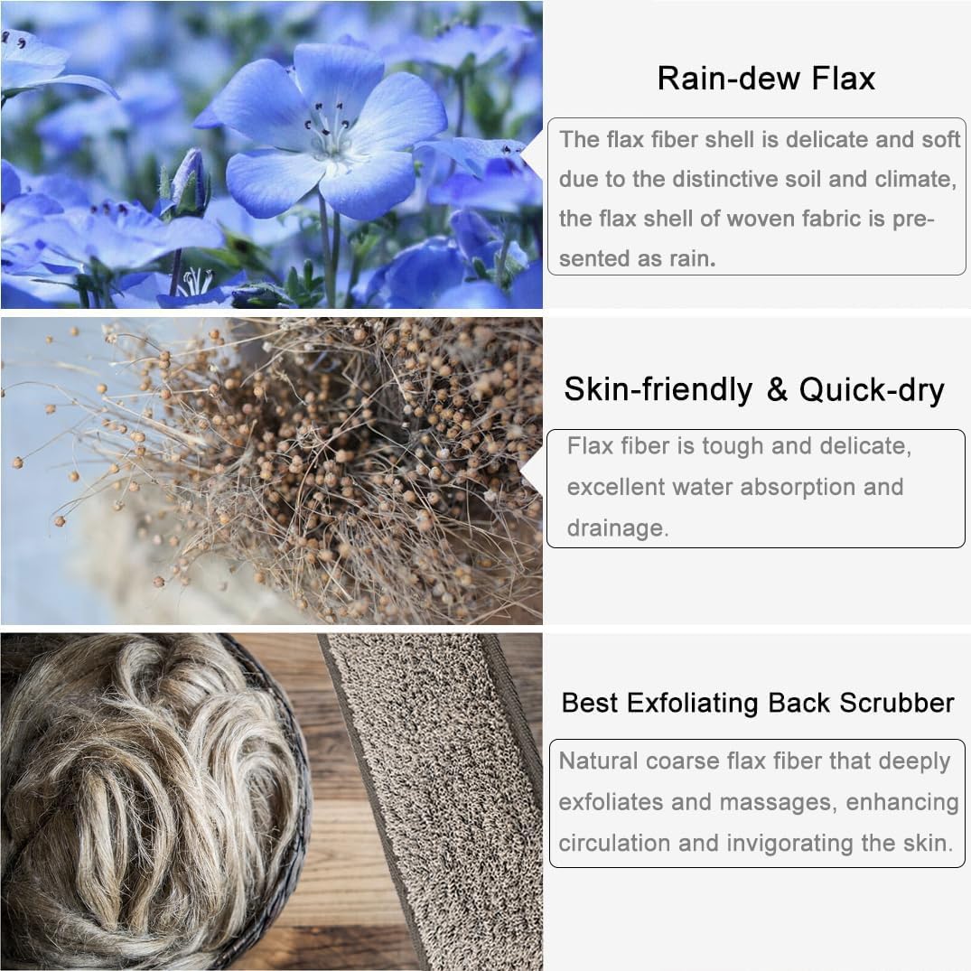 IYOOH Loofah Back Scrubber - Natural Flax Exfoliator, Dual-Sided, Extra Long, White Cotton-Bottom, 1 Count for Men & Women