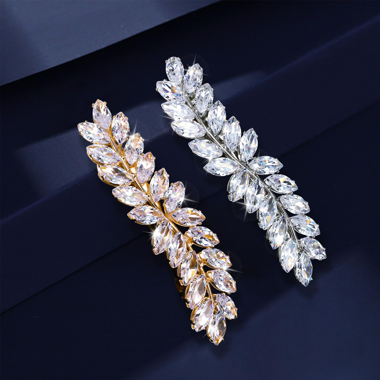 WHAVEL 2PCS Hair Barrettes for Women, Rhinestone Hair Clips Crystal Leaf French Barrette Wedding Hair Clips Vintage Bridal Hair 