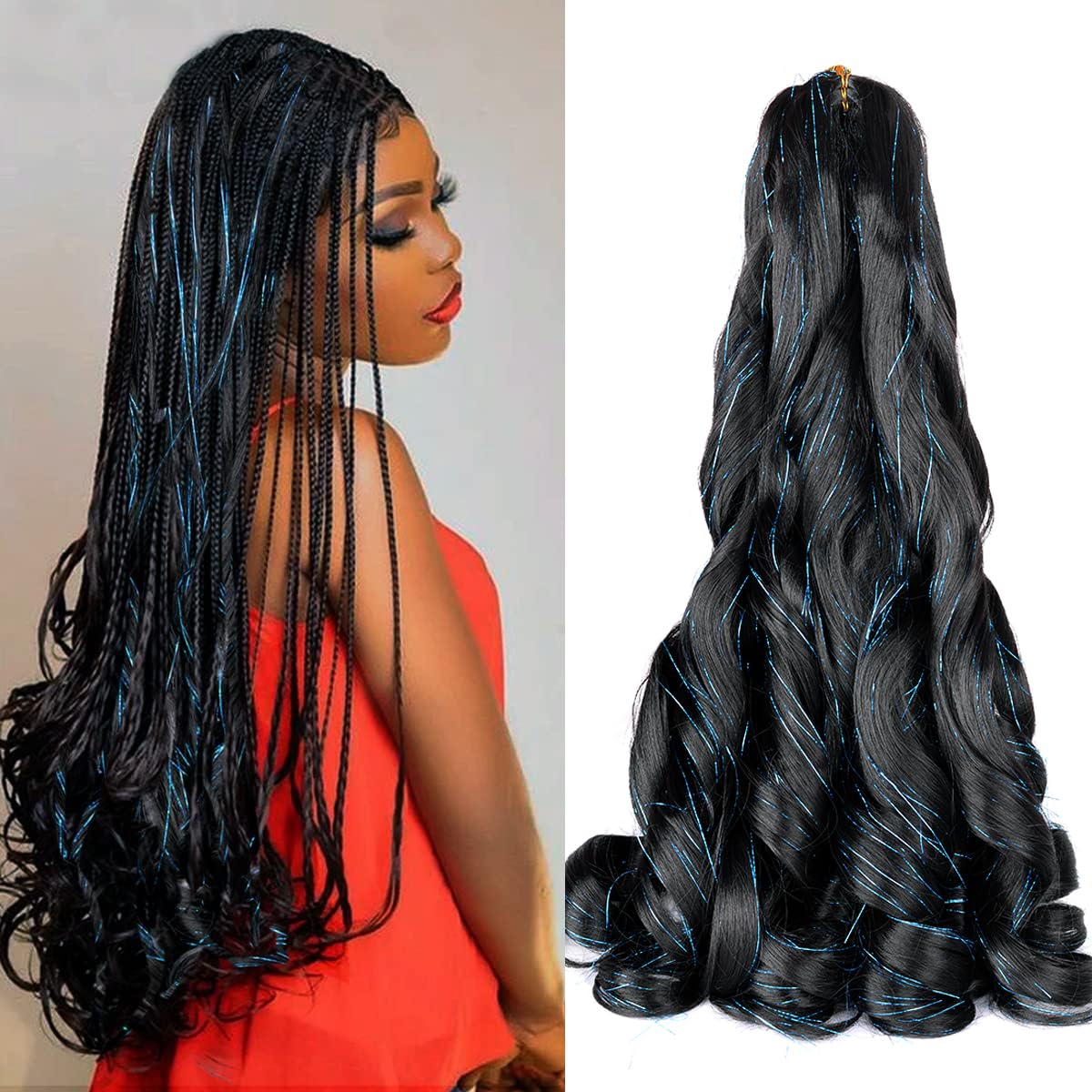 French Curly Braiding Hair 24 Inch Loose Wavy 8 Packs Bouncy Braiding Hair Extensions with 1B/Blue Hair Tinsel 75g/Pack Syntheti