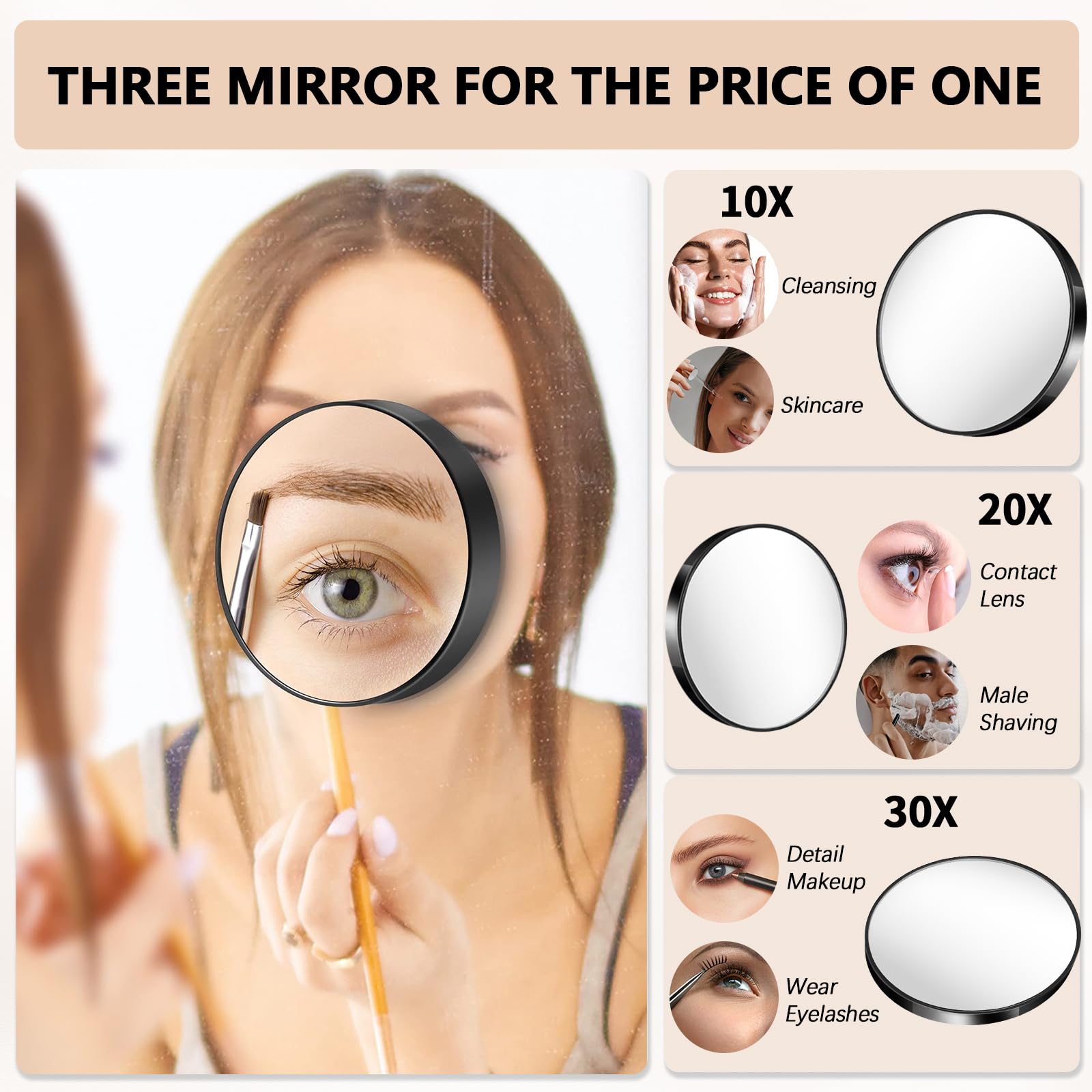 Magnifying Mirror, 10X & 20X & 30X Set, Magnified Mirror 3.5'' With Two Suction Cups, Travel Magnifying Mirror Set Comes With Po