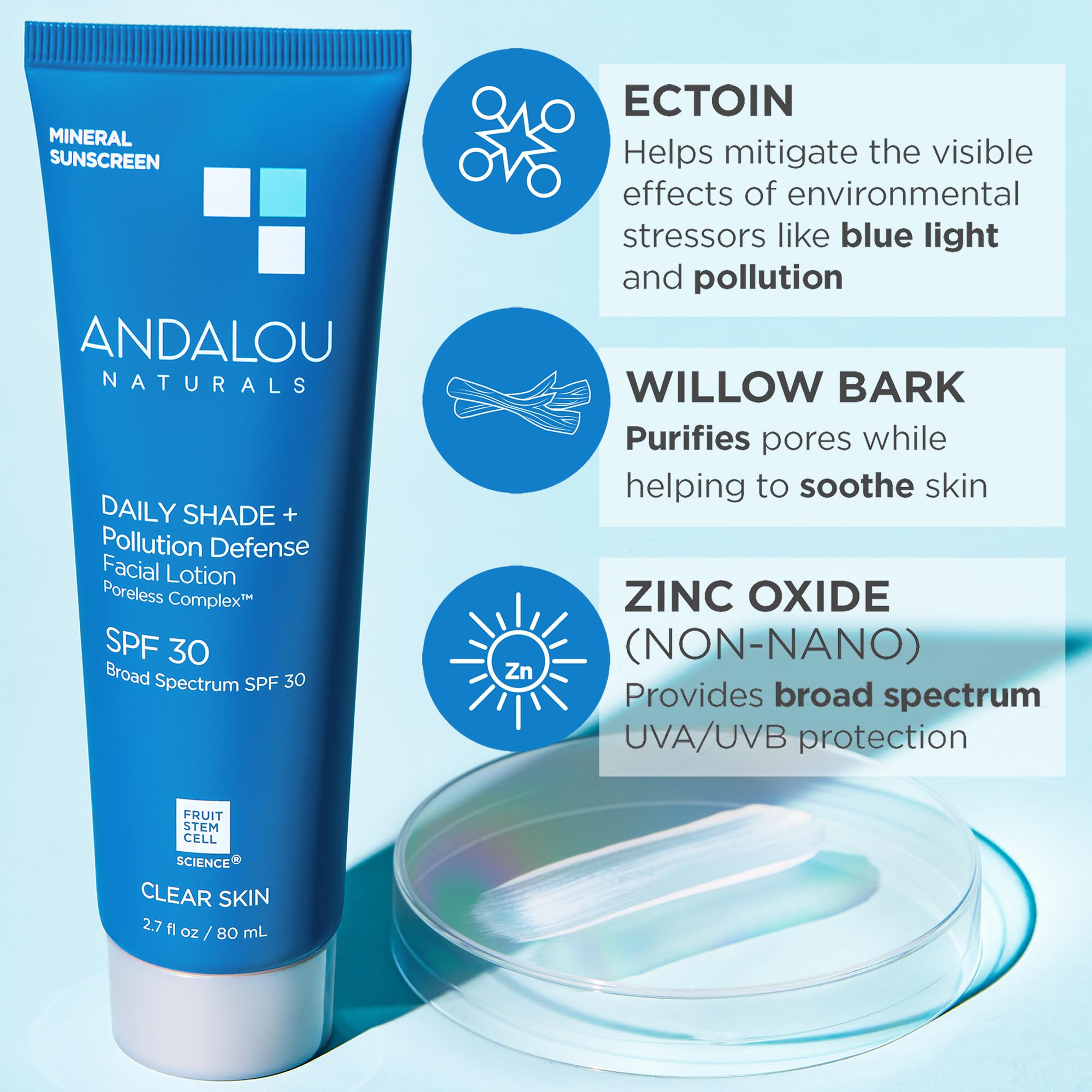 Andalou Naturals Daily Shade Face Sunscreen, SPF 30 Zinc Oxide Mineral Sunscreen, Sun + Pollution Defense Face Lotion, Helps Min