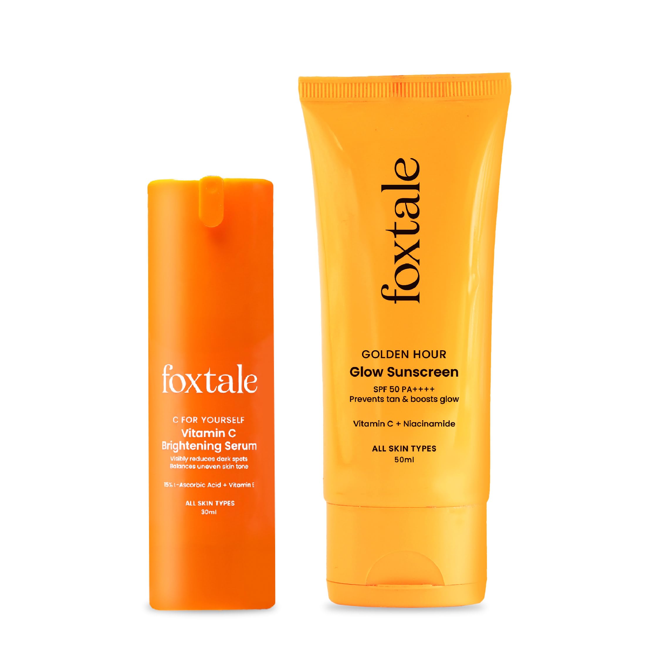 Foxtale Bright Days Duo | 15% Vitamin C Serum For Bright & Even Skin + Spf 50 Pa++++ Glow Sunscreen With Vitamin C & Niacinamide