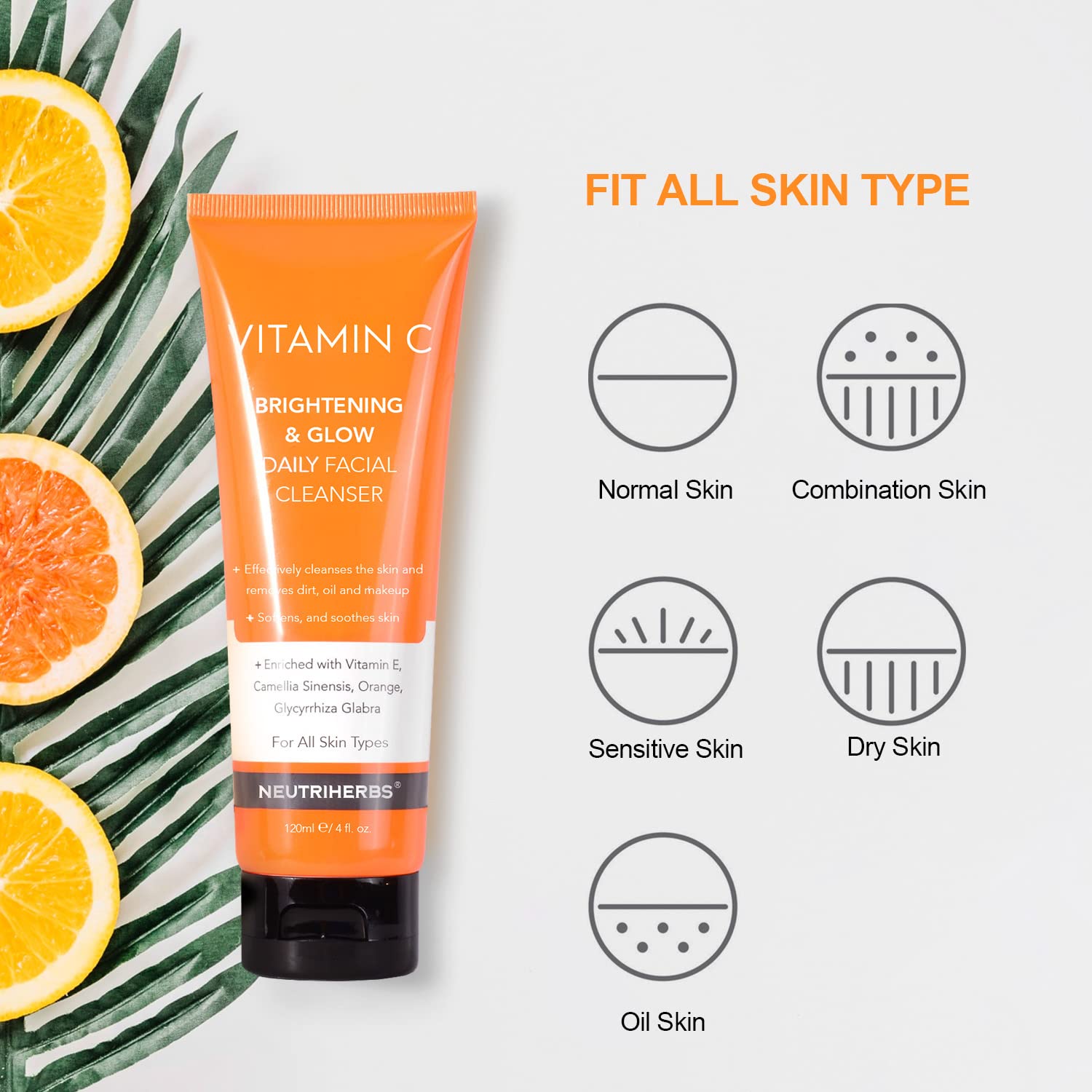 Neutriherbs Vitamin C Face Wash,Daily Facial Cleanser with Aloe & Hyaluronic Acid| Clean,Refresh,Brighten and Balance Complexion