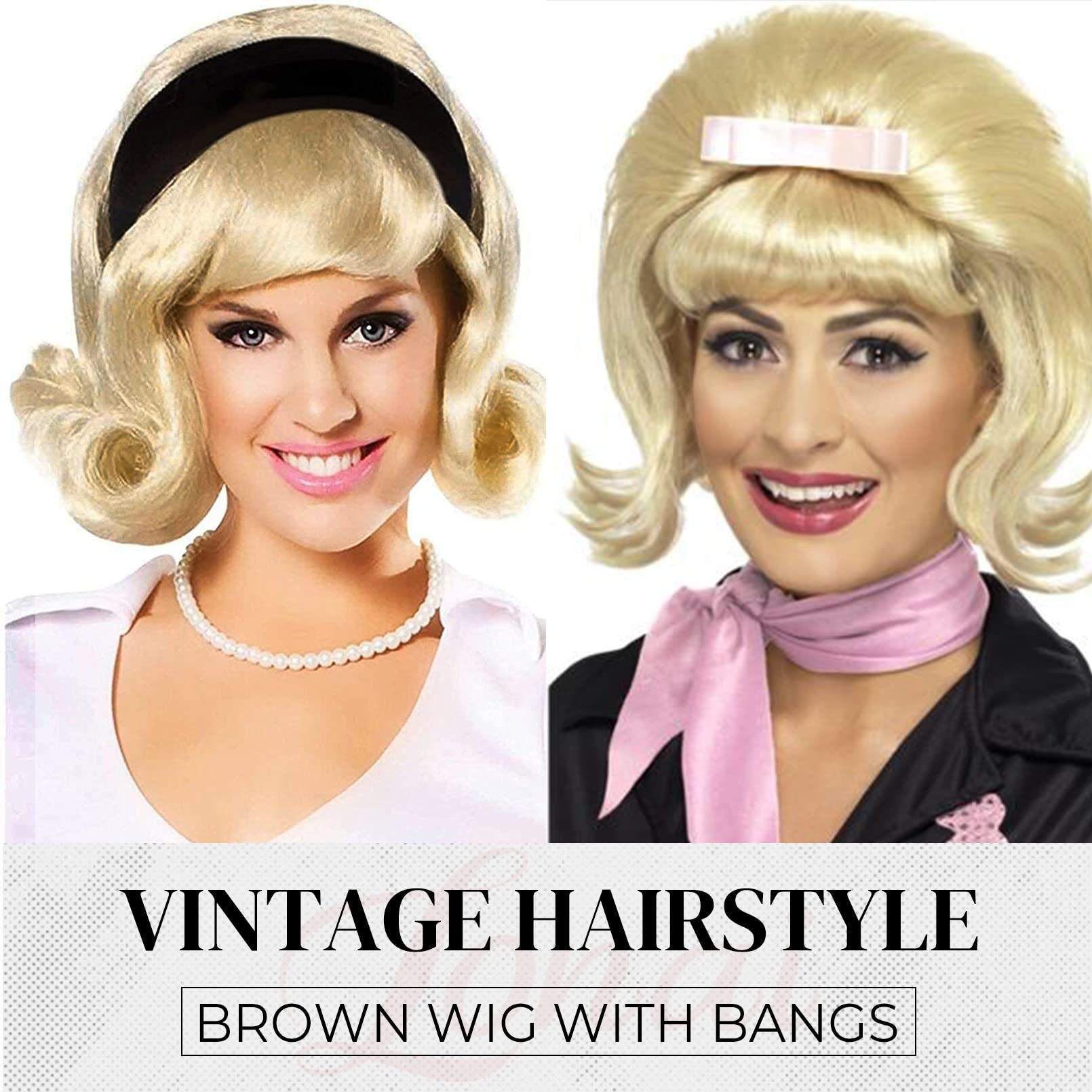 Lonai Retro Blonde Wig 50S 60S 70S Wig With Bangs For Women Beehive Vintage Style Synthetic Hair For Halloween Costume Party