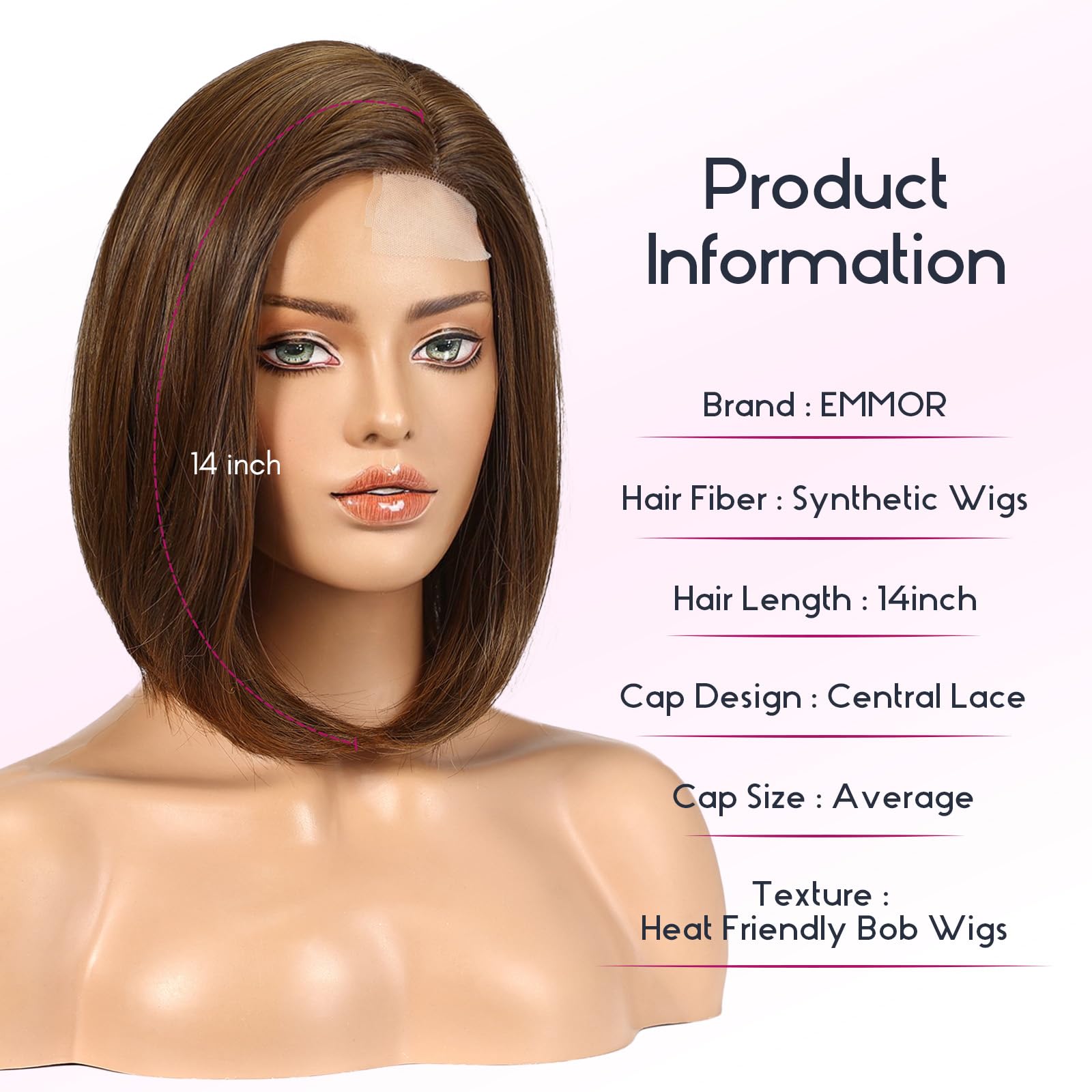 Emmor Short Bob Wigs,Natural Shoulder Length Central Lace Bob Wgs, Premium Heat-Resistant Synthetic Straight Wigs For Women Dail
