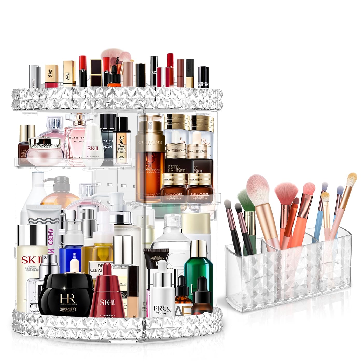 360 Rotating Makeup Organizer for Vanity + Makeup Brush Holder,Perfume Organizer with 6 DIY Adjustable Layer,Large Capacity Skin