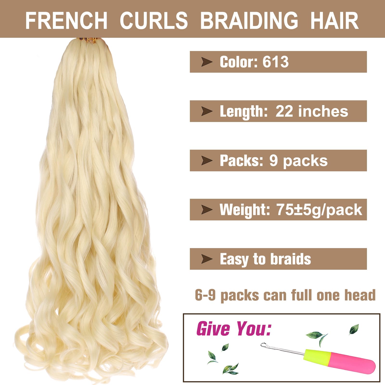 COOKOO 9 PCS Pre Stretched French Curl Braiding Hair Blonde 22 Inch Loose Wave Braiding Hair for Box Braids Spanish Curly Braidi