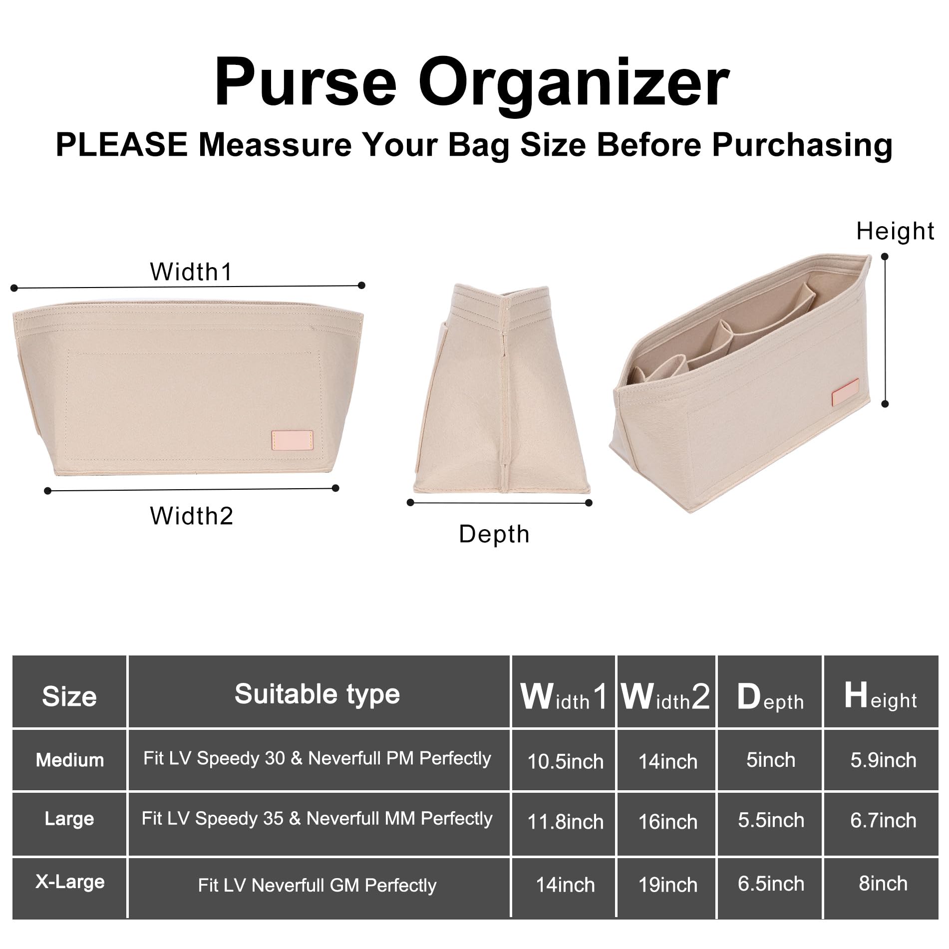 Doxo Purse Organizer Insert, Felt Bag Tote Fit L Speedy 30 Neverfull PM & Base Shaper 2pc Set (Medium-Beige-Combination)