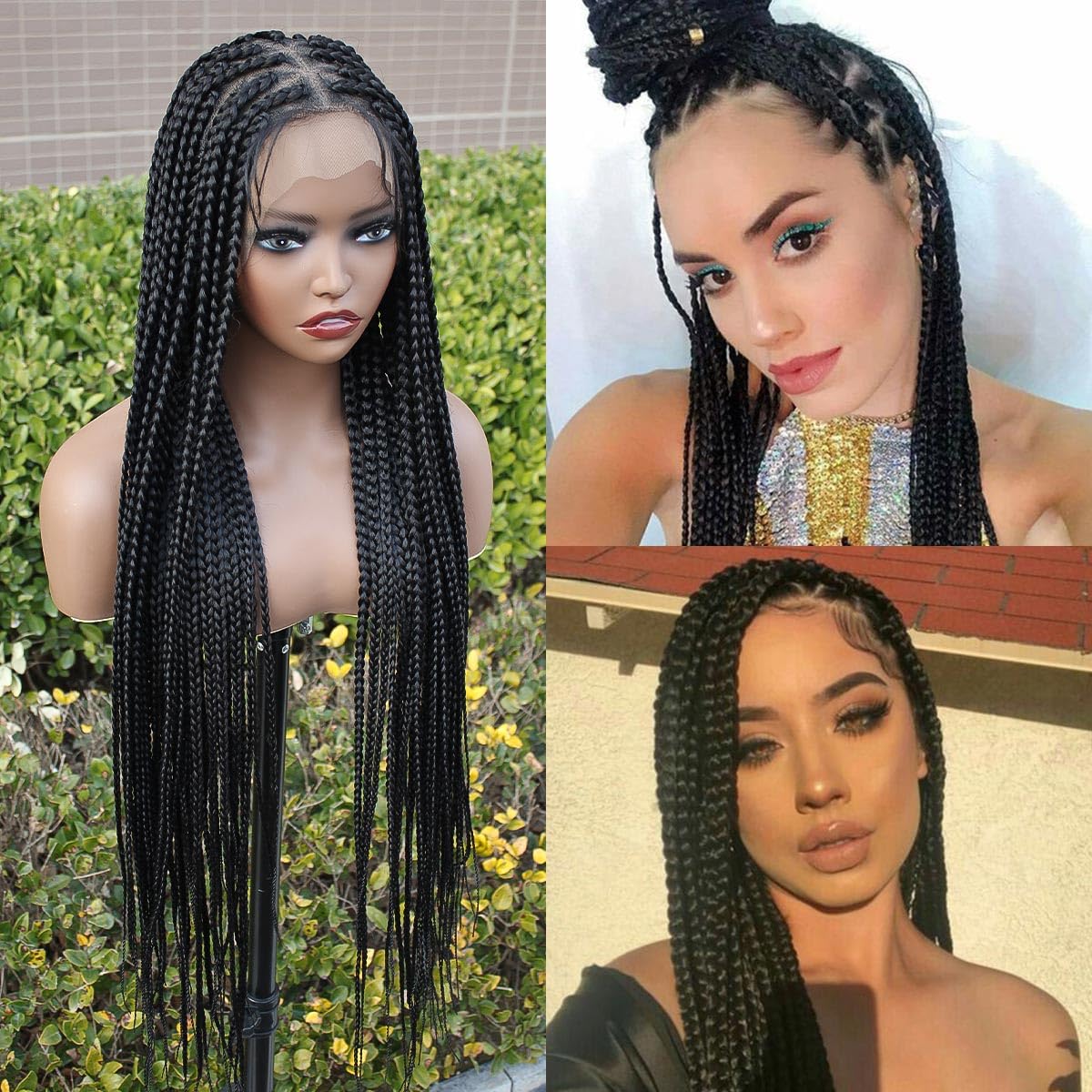 KRALER 36" Box Braided Wig for Black Women, Glueless Lace Knotless, Natural Black