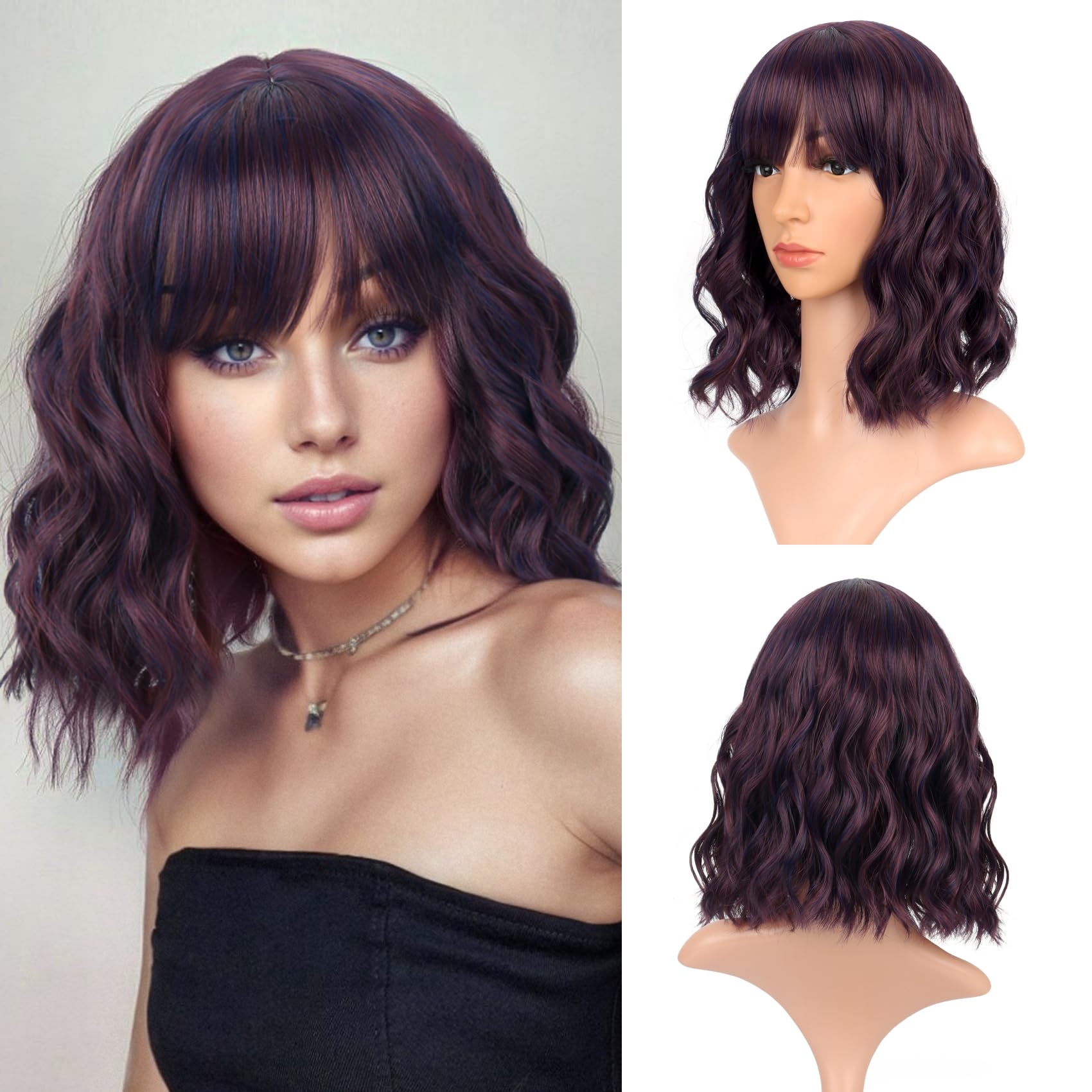 Vckovcko 12Inches Loose Wave Bob Wig Wavy Burgandy Wig With Air Bang Curly Hair Wigs Synthetic Cosplay Party Wigs For Women (12I